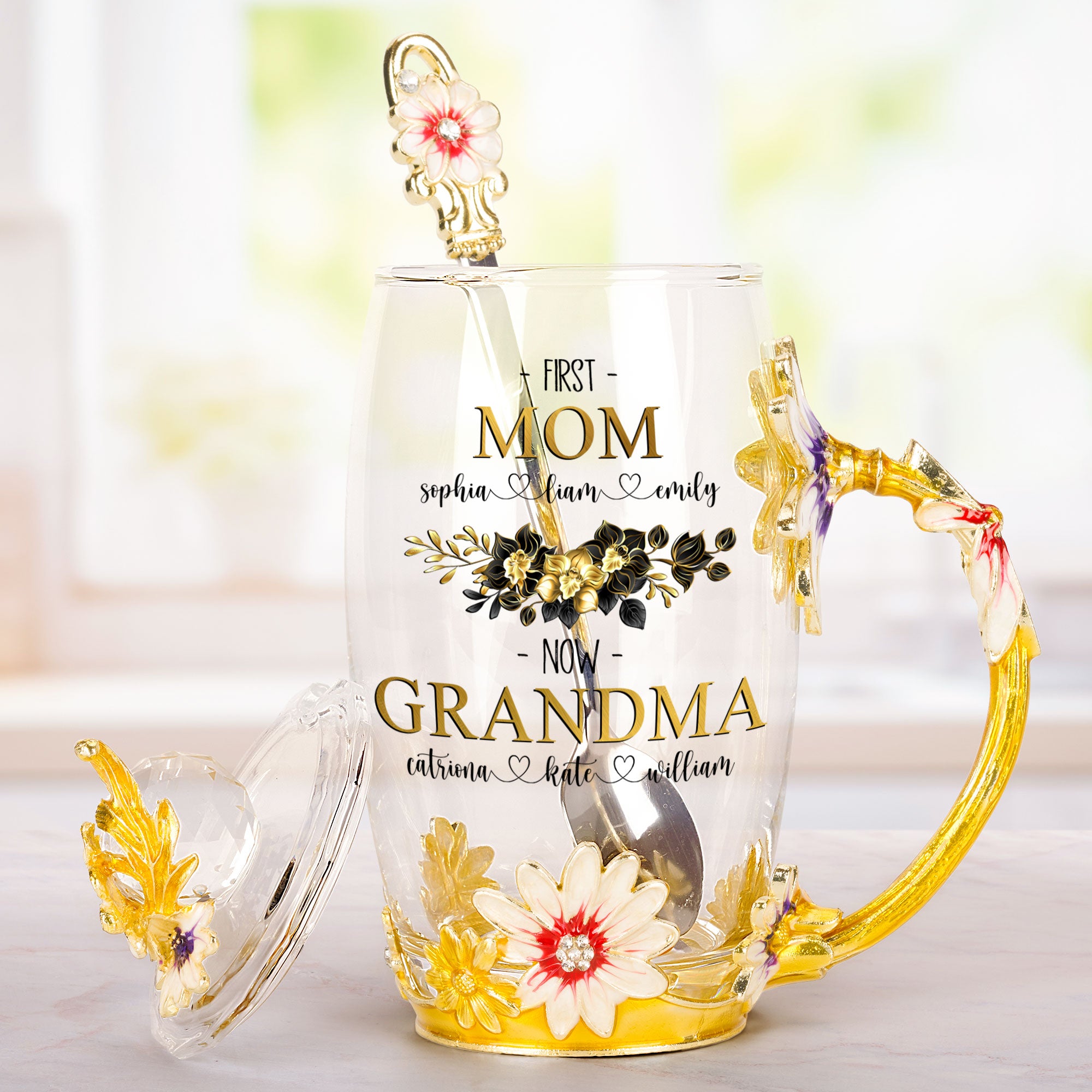 First Mom Now Grandma - Personalized Enamel Flower Tea Cup