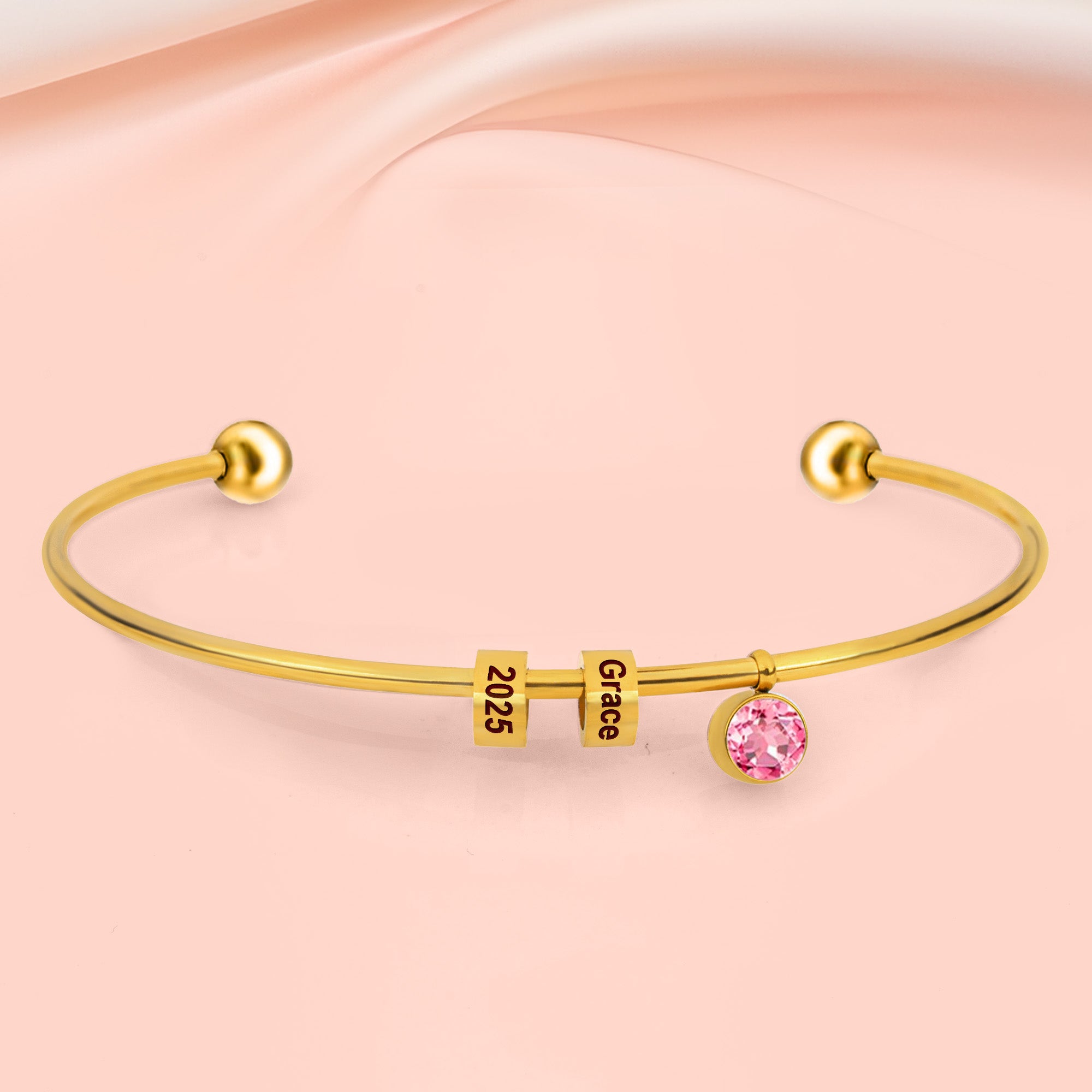 First Mother's Day Gift- Personalized Engravable Bead Name Cuff Bracelet With Birthstone