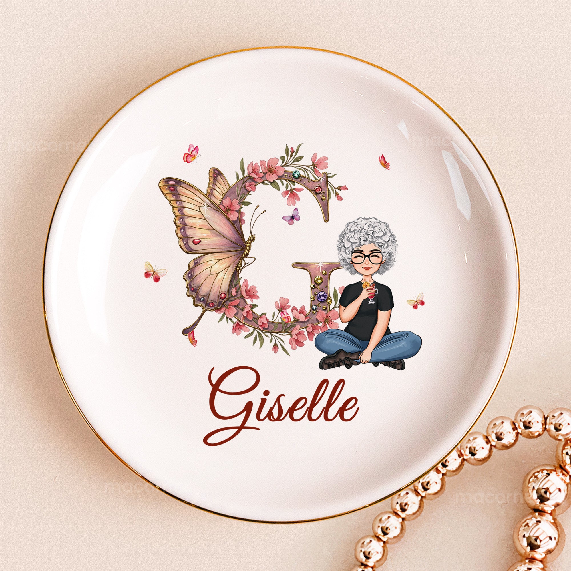 Floral Butterfly Monogram Letter Circle-shaped - Personalized Jewelry Dish