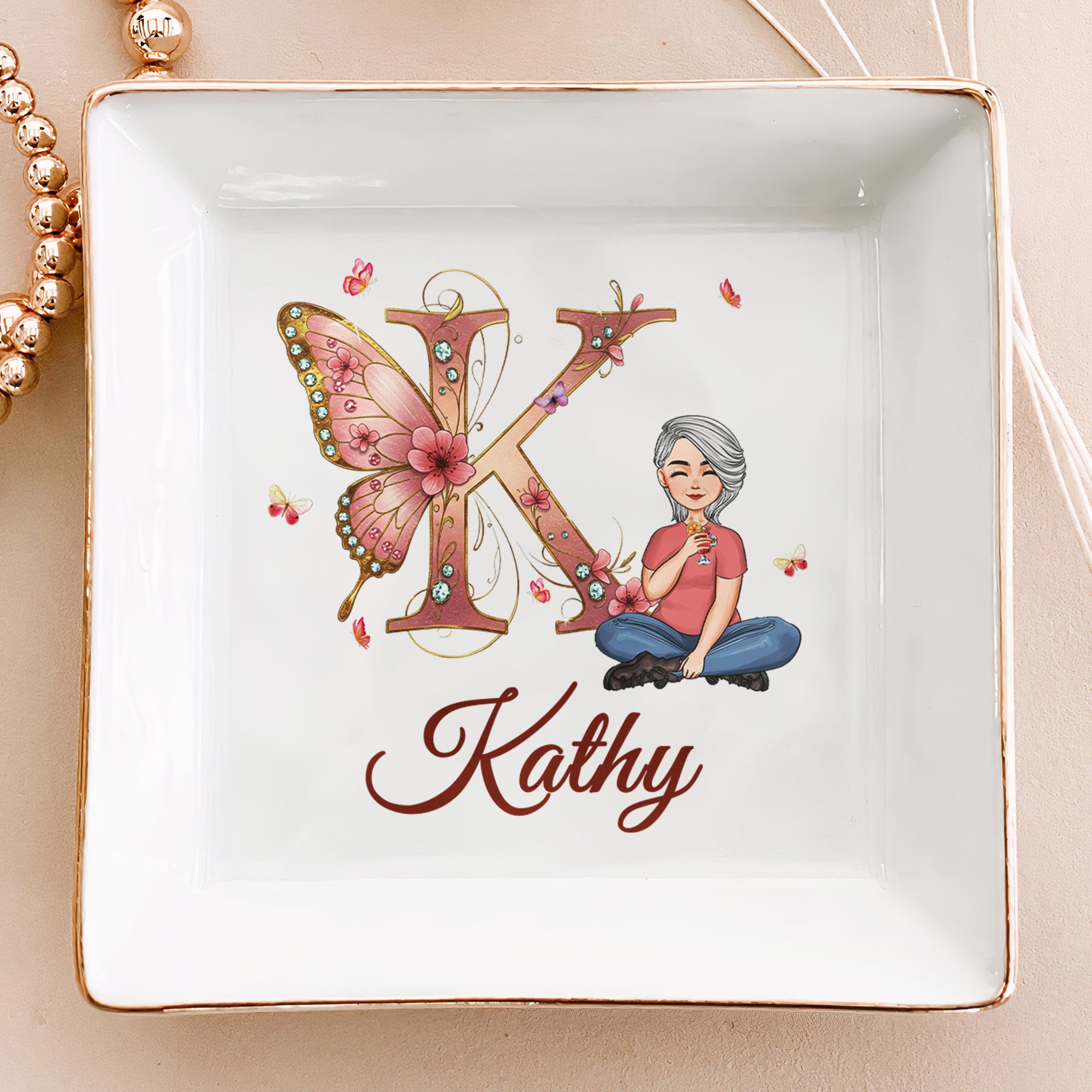 Floral Butterfly Monogram Letter - Personalized Jewelry Dish