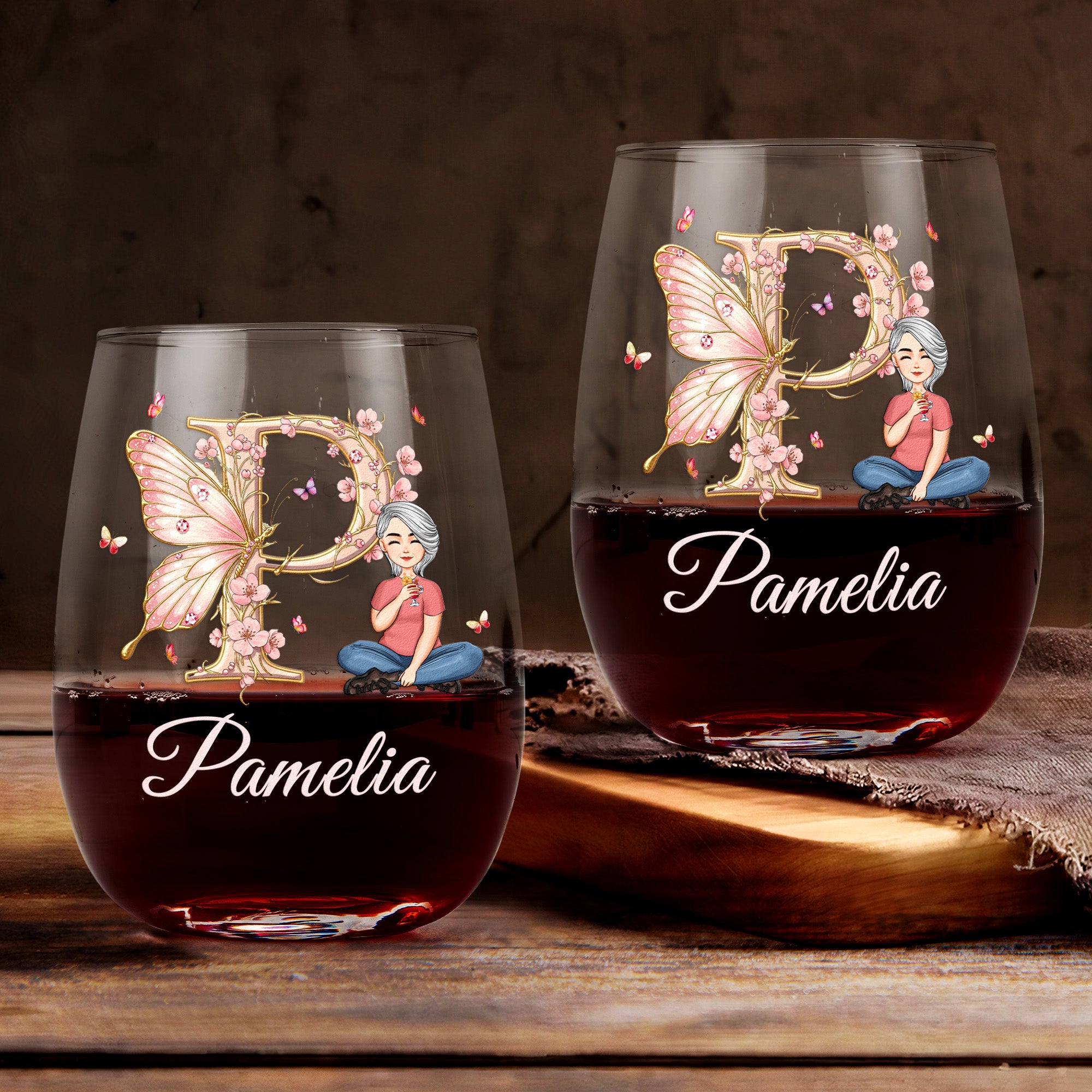 Floral Butterfly Monogram Letter Ver 2 - Personalized Stemless Wine Glass