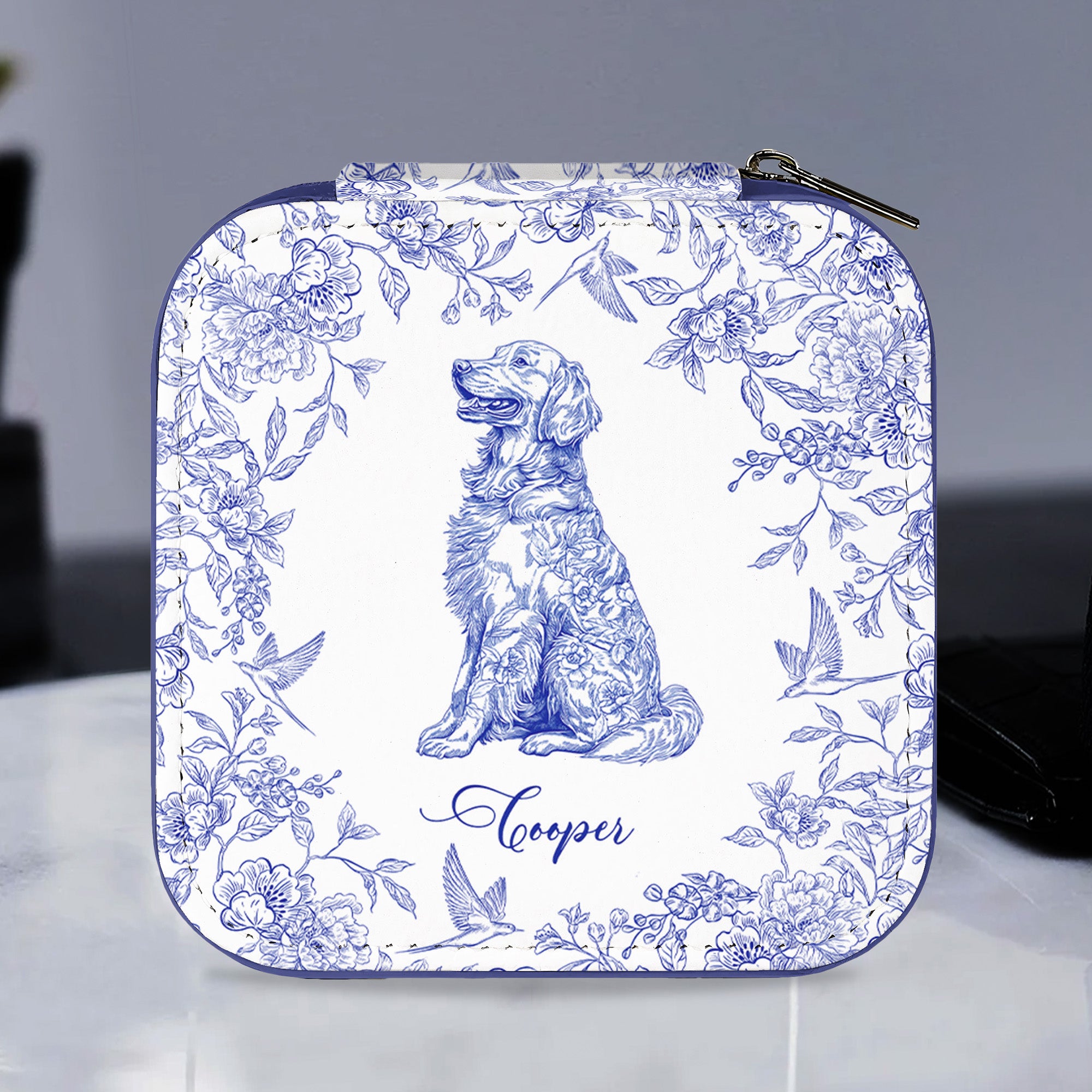 Floral Dog Custom Breeds Toile De Jouy Style Chinoiserie - Personalized Jewelry Box