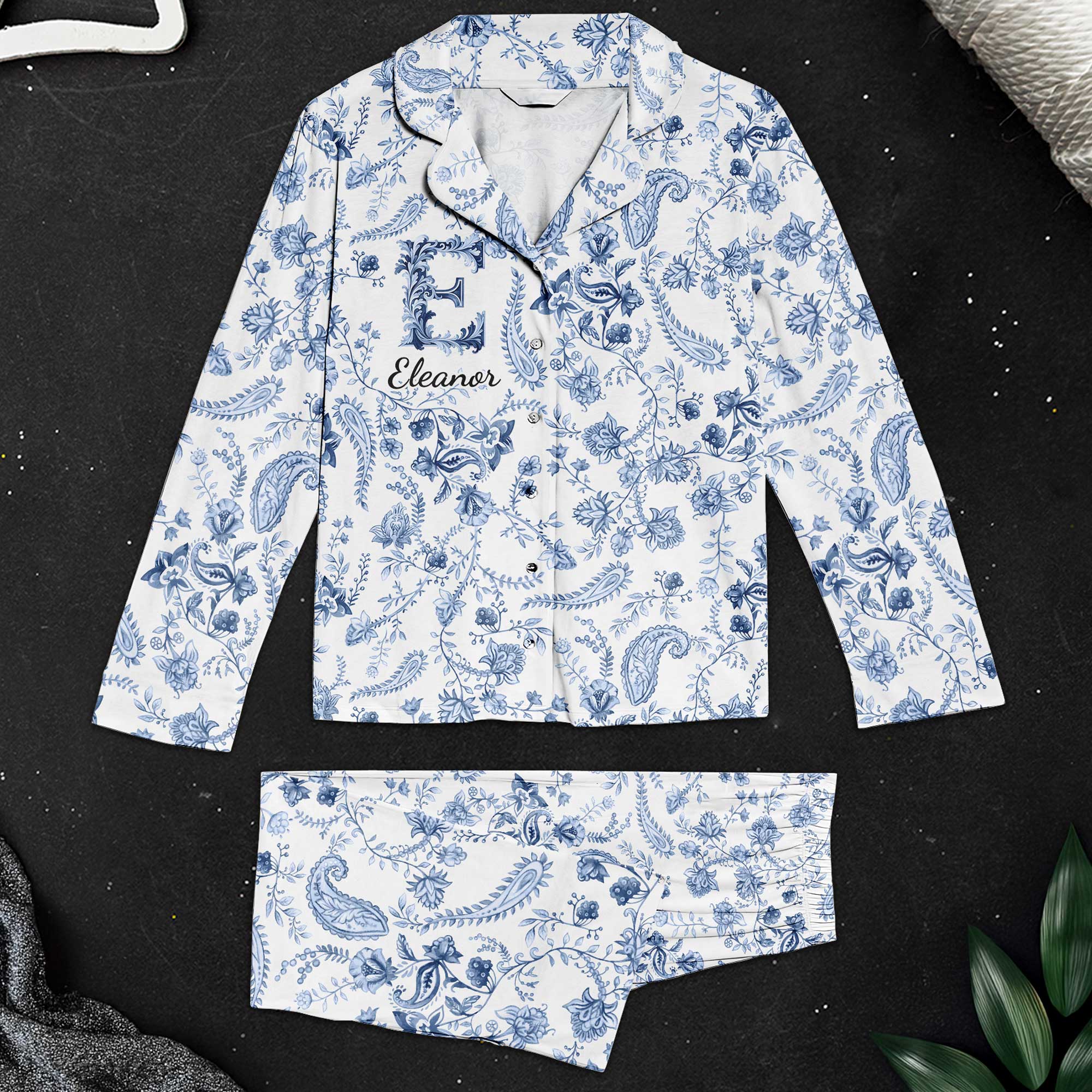 Floral Print Elegant Filigree Alphabet - Personalized Women's Pajamas Set