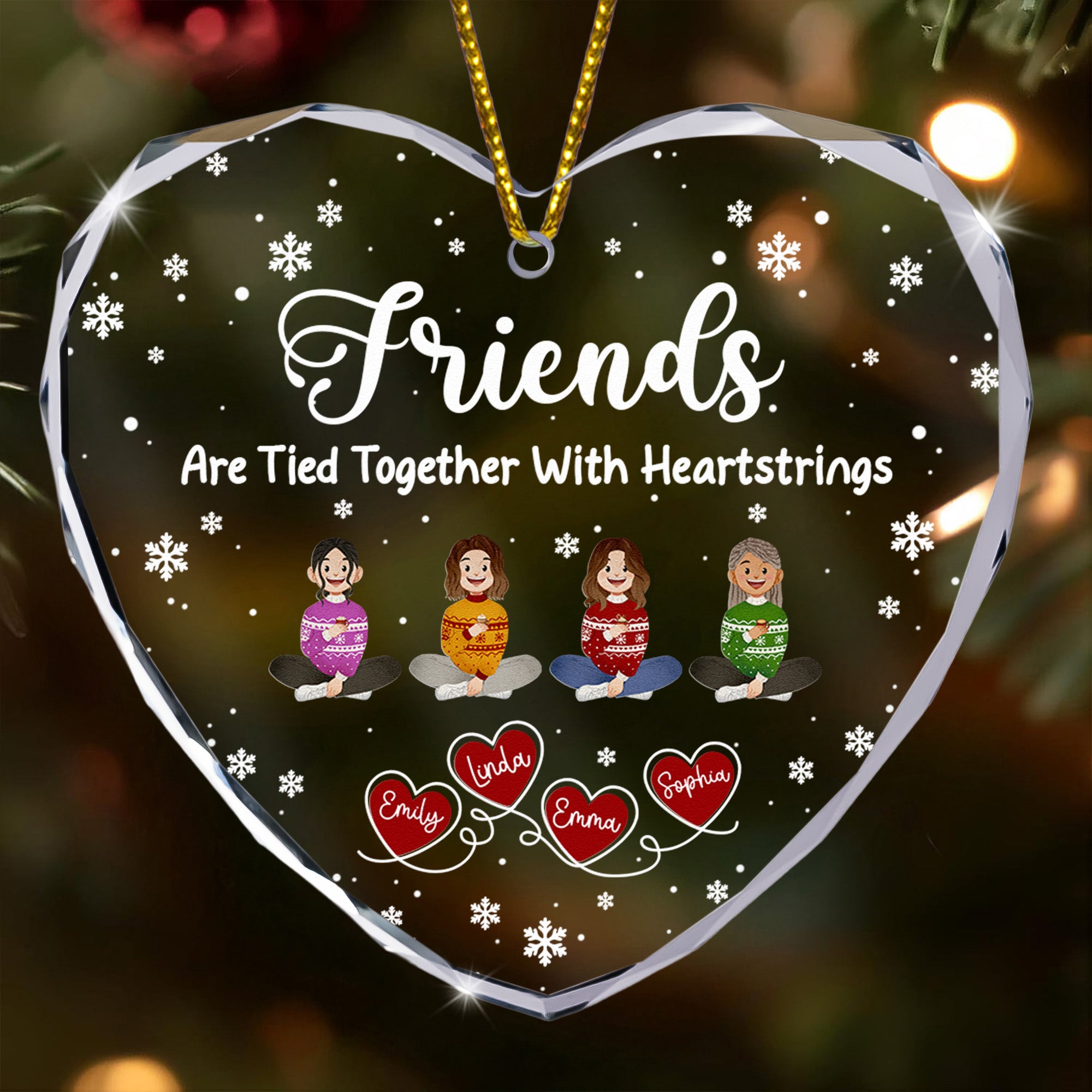Friends Sisters Tied Together With Heartstrings - Personalized Heart Glass Ornament