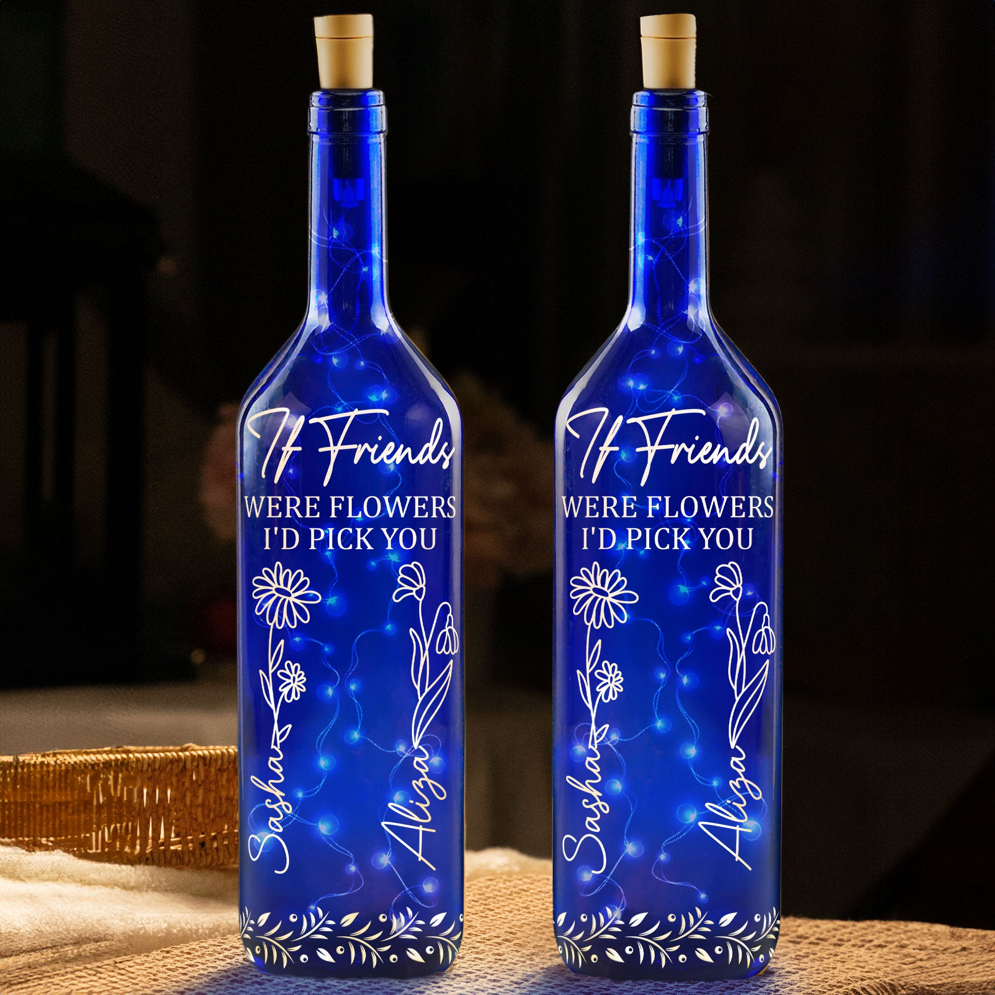 Friends Were Flowers I'd Pick You - Personalized Blue Bottle Lamp