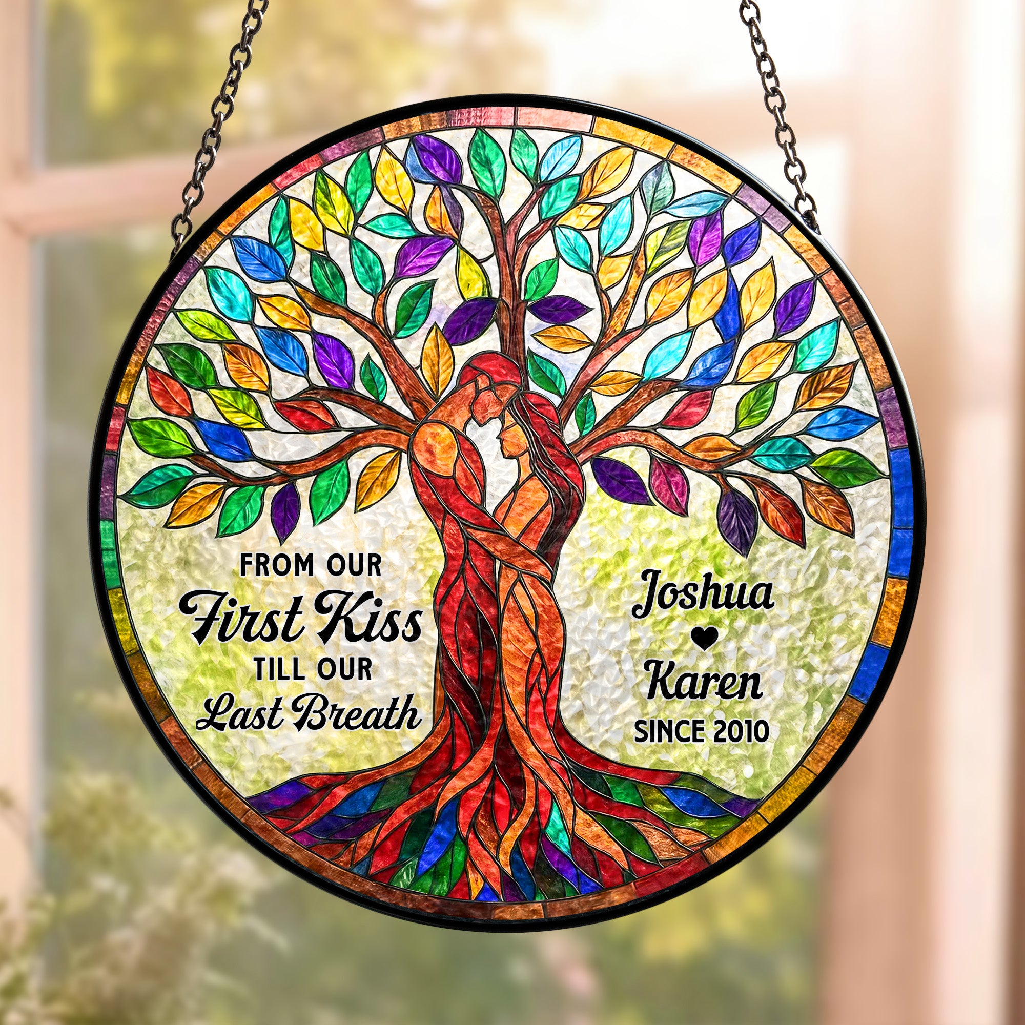 From Our First Kiss Tree Of Love - Personalized Stained Glass Window Hanging Suncatcher