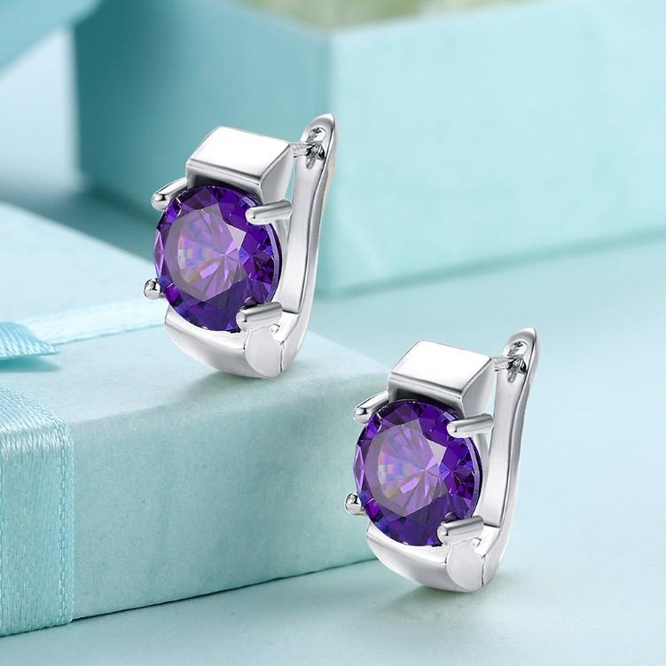 Created Amethyst Metallic Leverback Earrings Set in Silvertone - Riakoob Jewelry