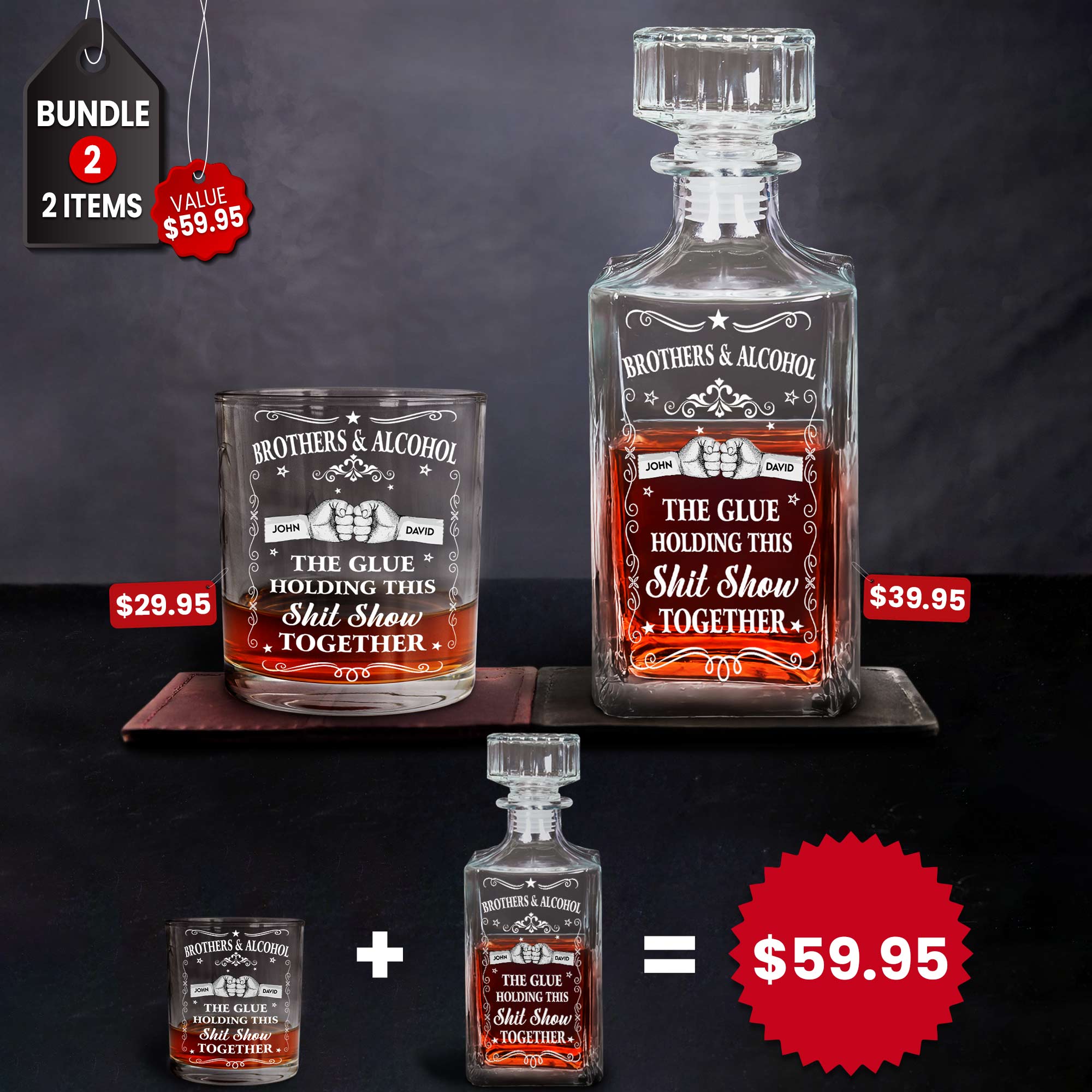 Gift Set Brothers & Alcohol - Personalized Whiskey Glass And Decanter Set