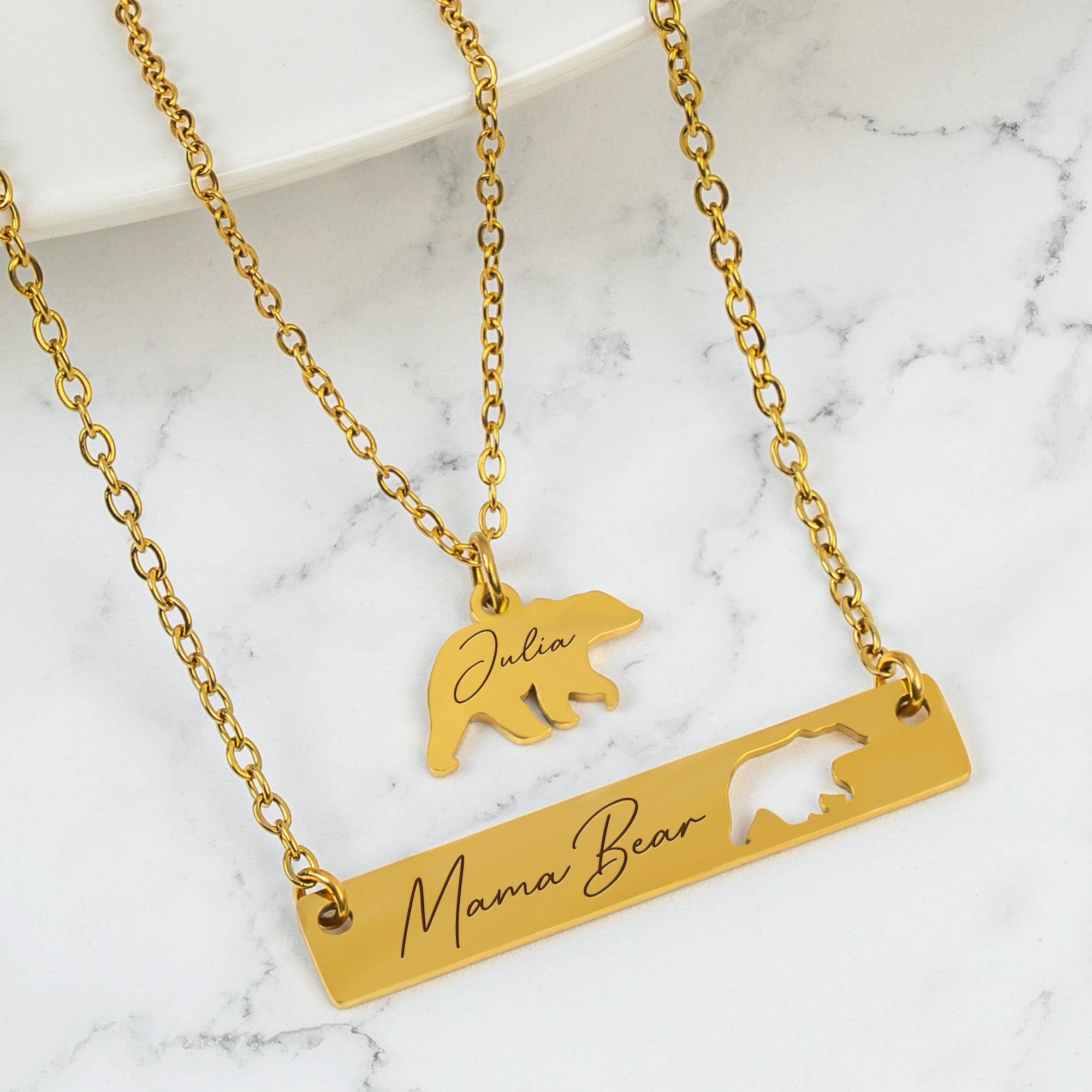 Gift For Mother's Day - Custom Engraved Mama Bear Necklace Set
