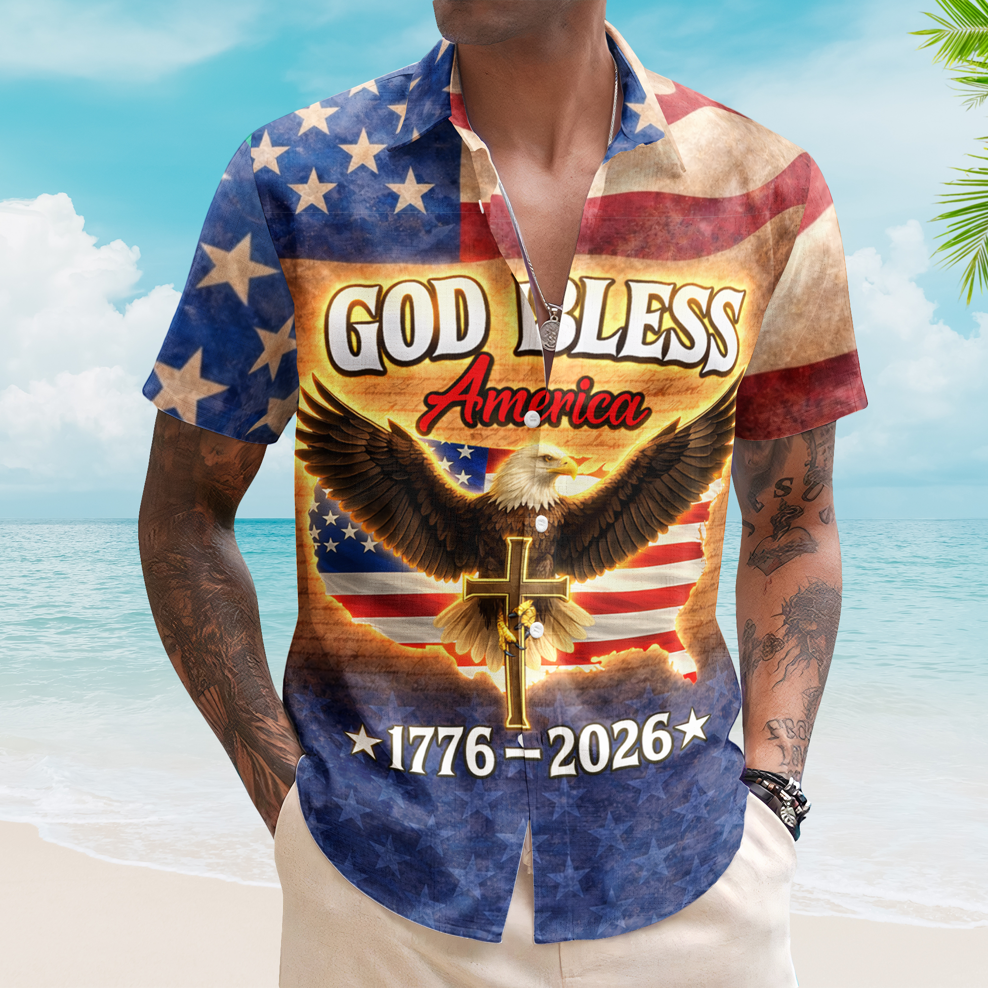God Bless America Eagle Cross - Hawaiian Shirt