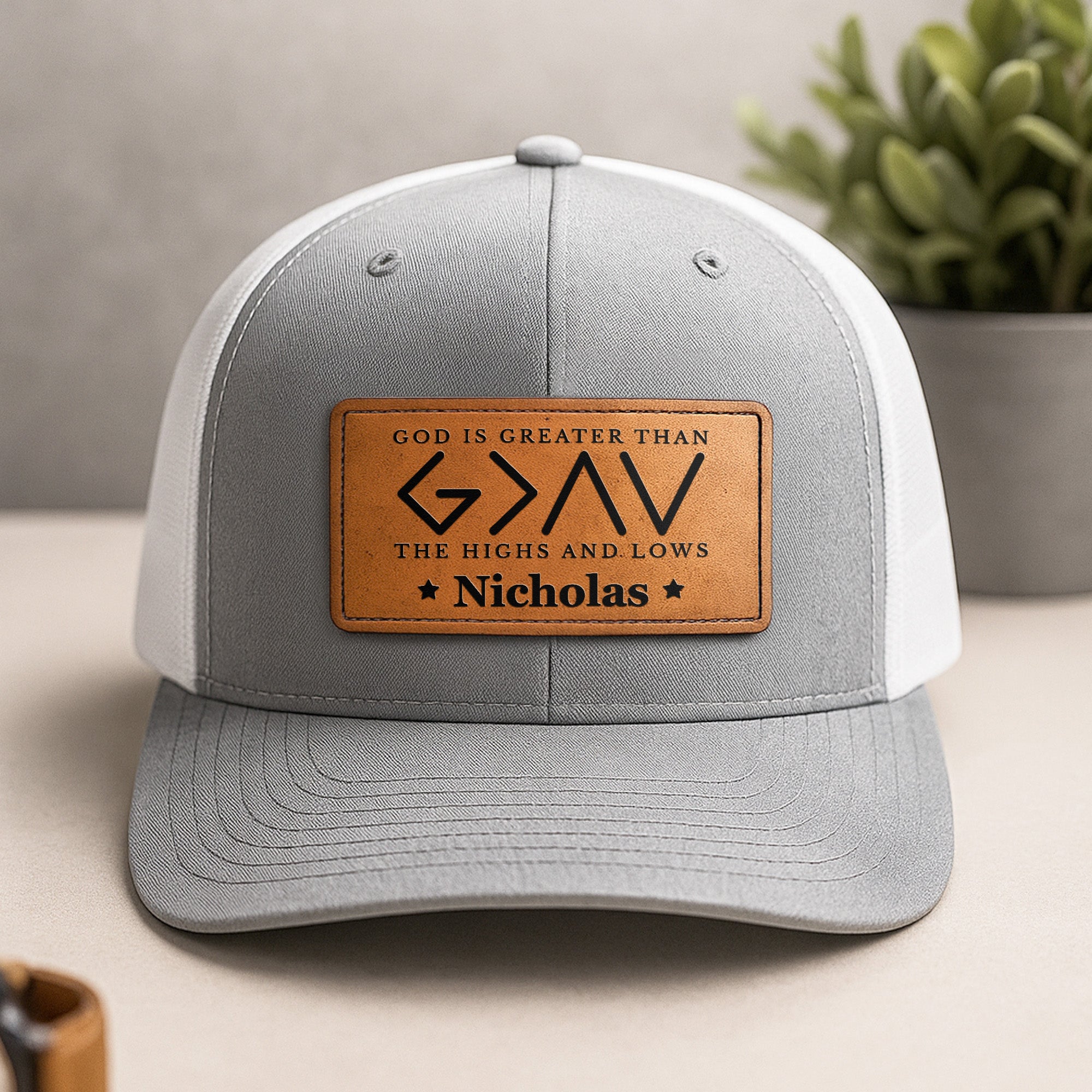 God Is Greater Than The Highs And Lows - Personalized Leather Patch Hat