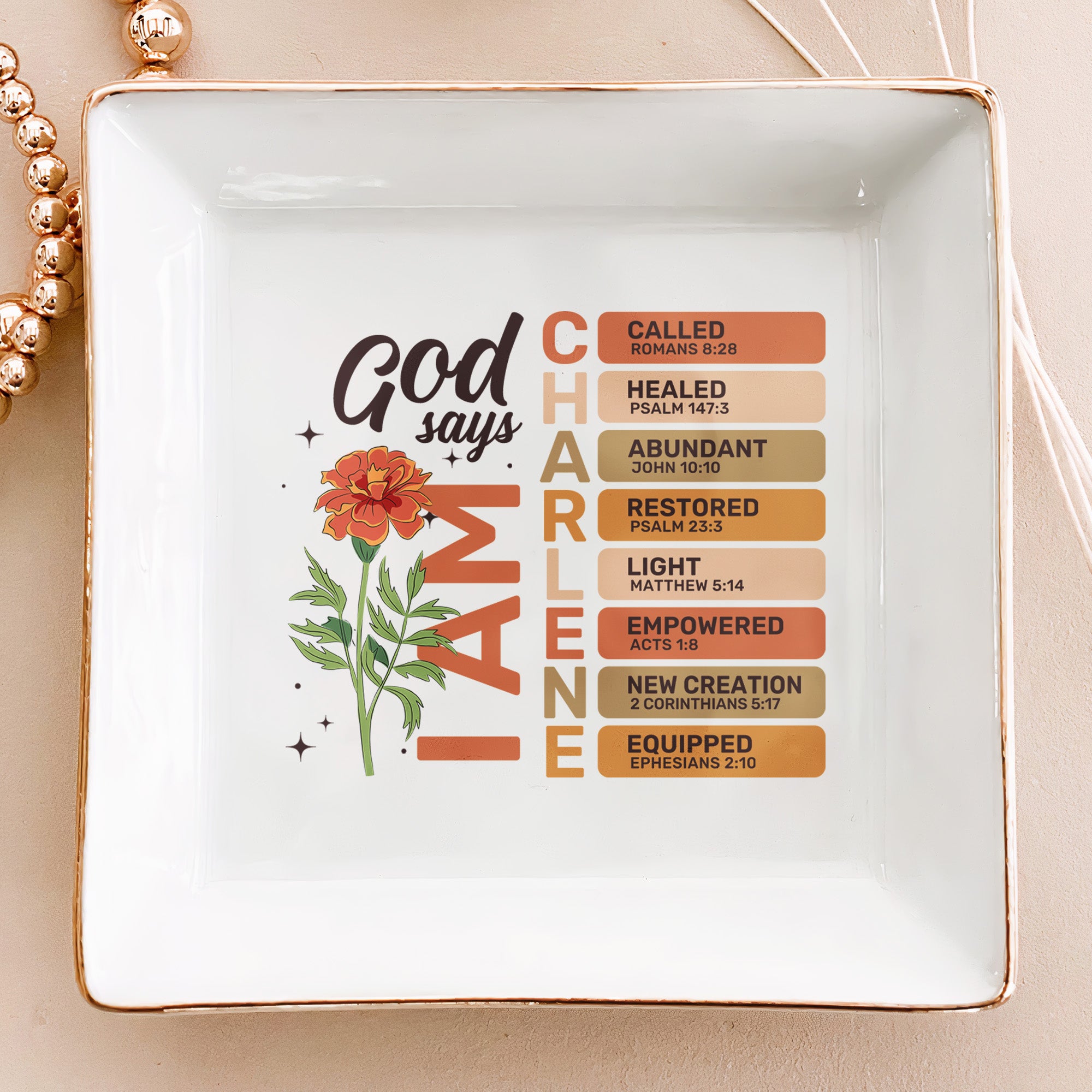 God Says I Am With Birth Flower And Bible Verses - Personalized Jewelry Dish