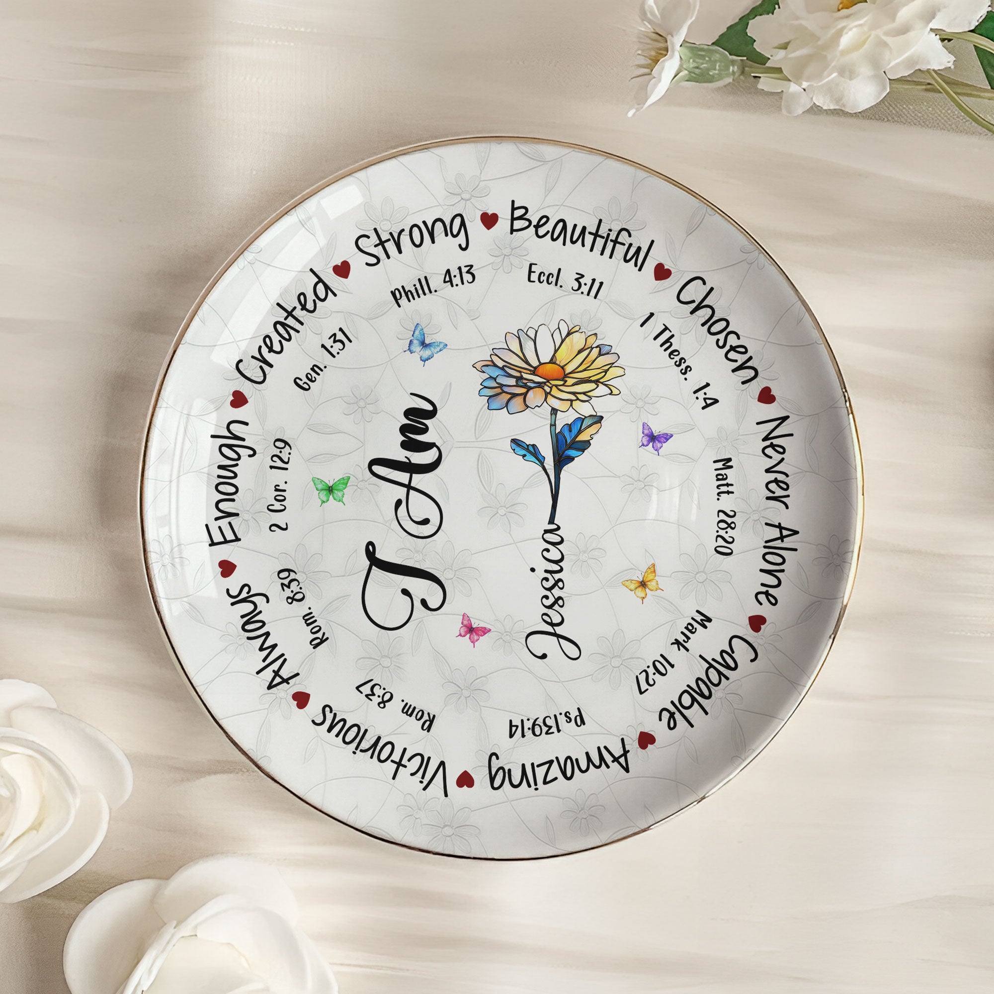 God Says I Am Name Letter In Bible Birthday Flowers - Personalized Jewelry Dish