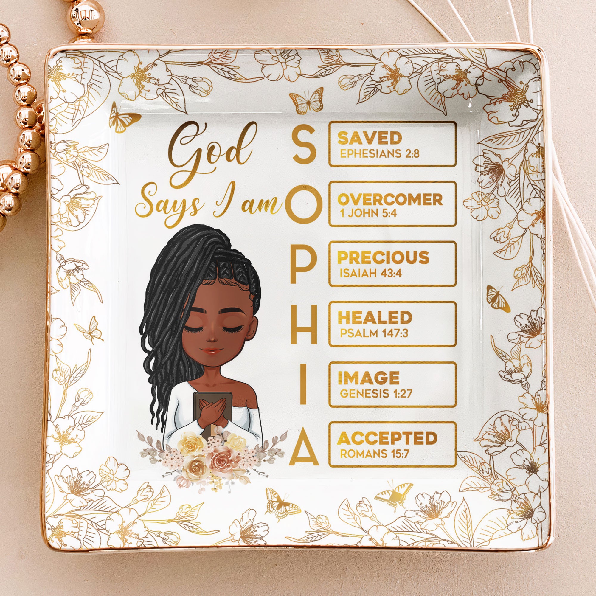 God Says I Am Name Letter In Bible - Golden Version - Personalized Jewelry Dish