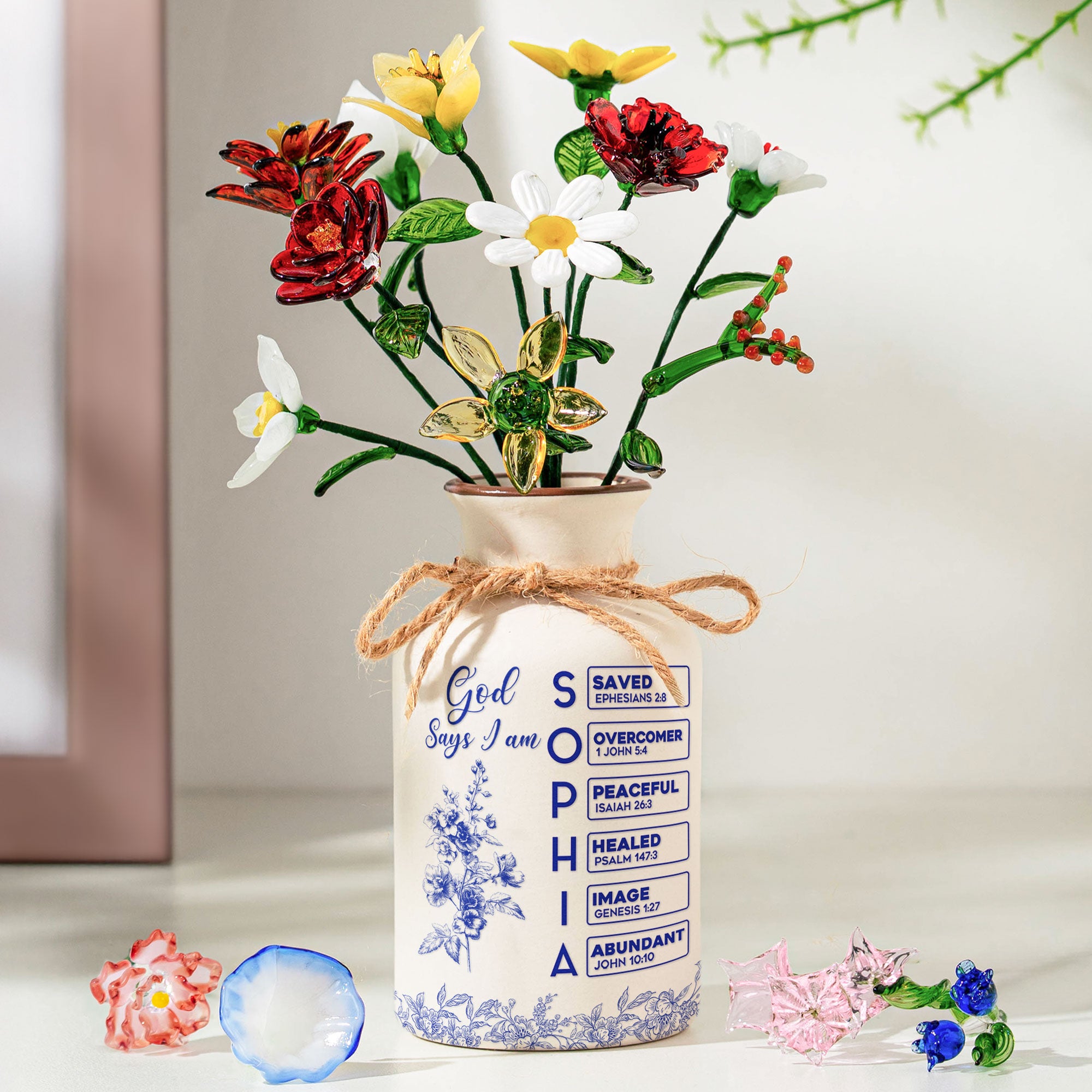 God Says I Am Name Letter In Bible - Personalized Vase With Glass Birth Month Flowers