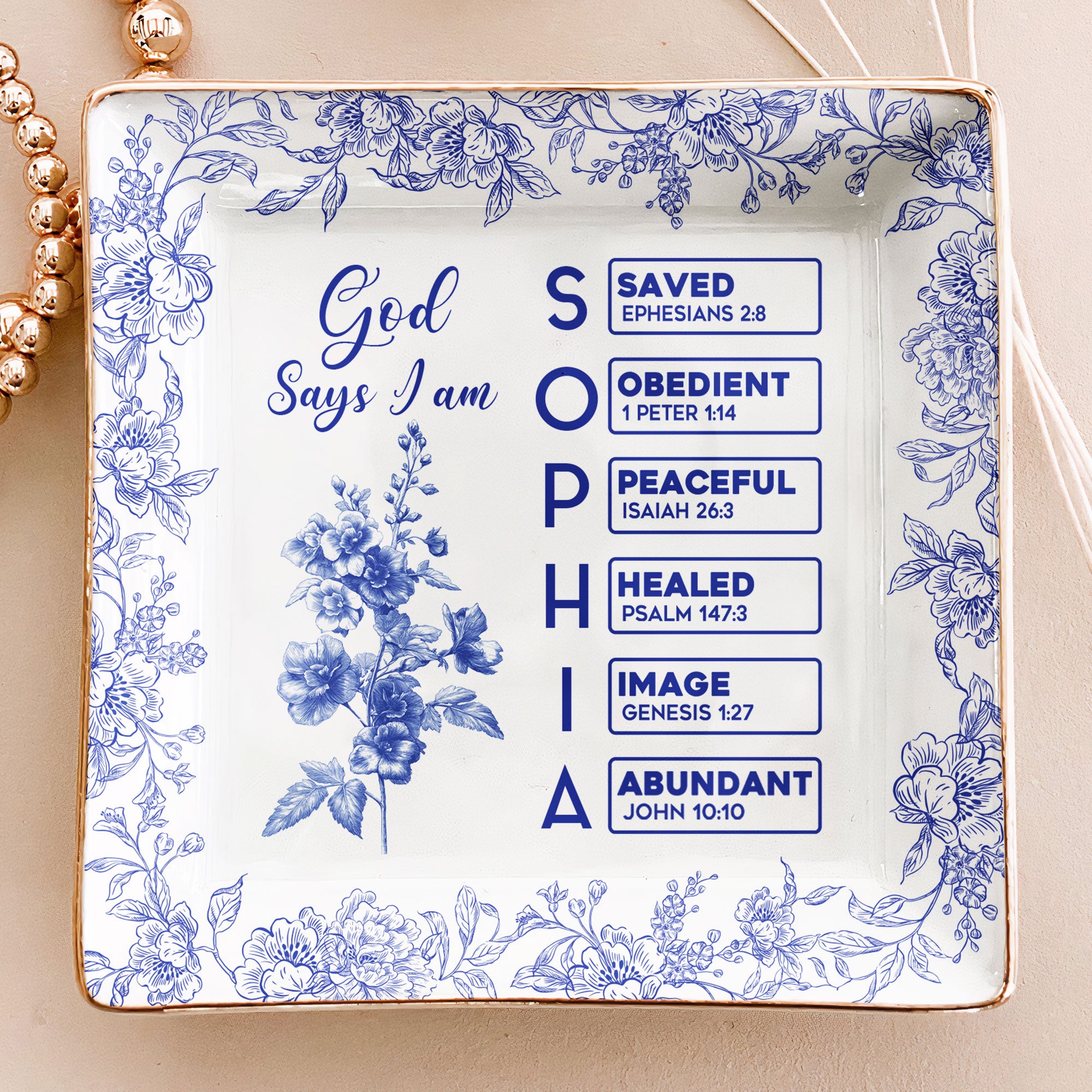 God Says I Am Name Letter In Bible Toile De Jouy Style - Personalized Jewelry Dish