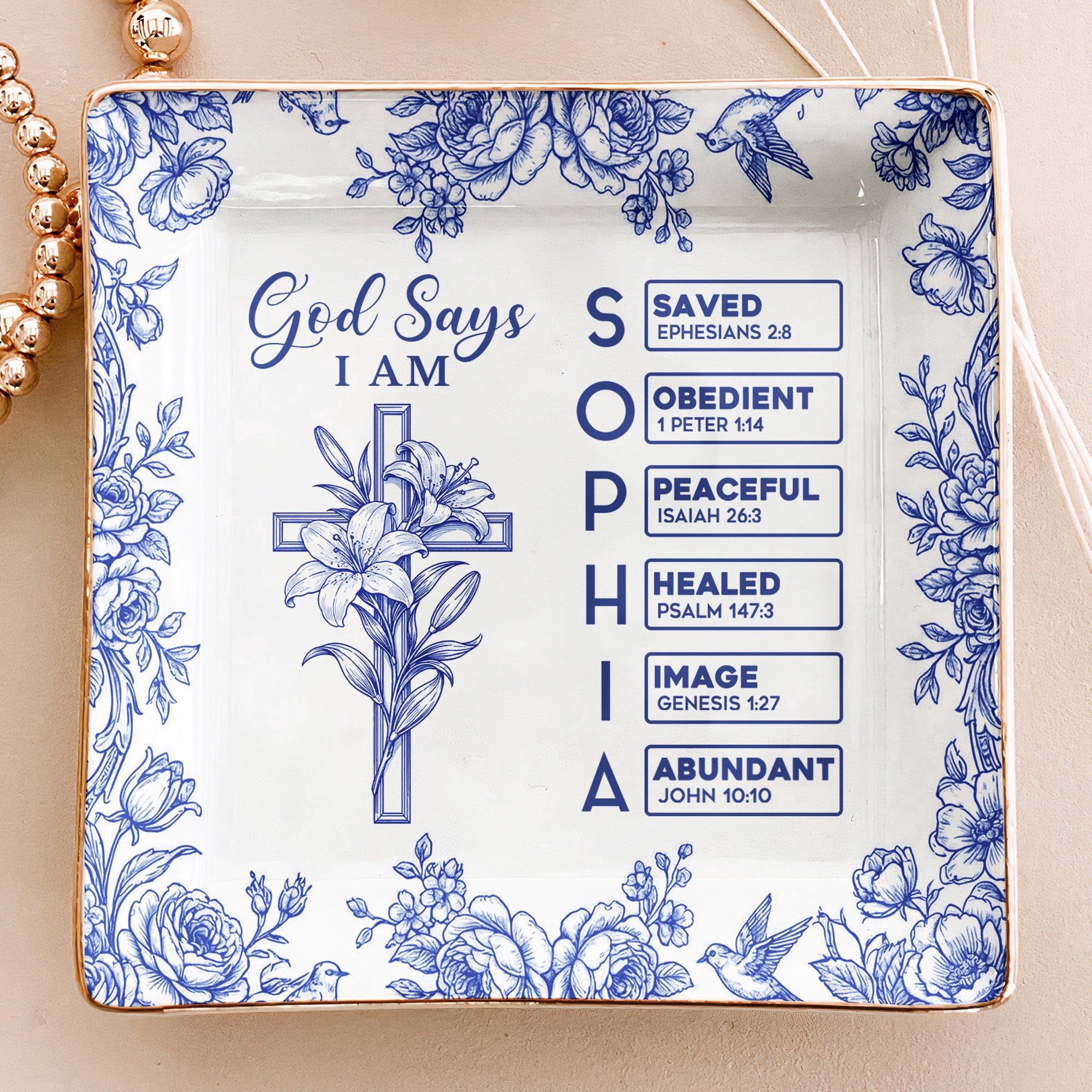 God Says I Am Name Letter In Bible Toile De Jouy With Faith Symbol - Personalized Jewelry Dish