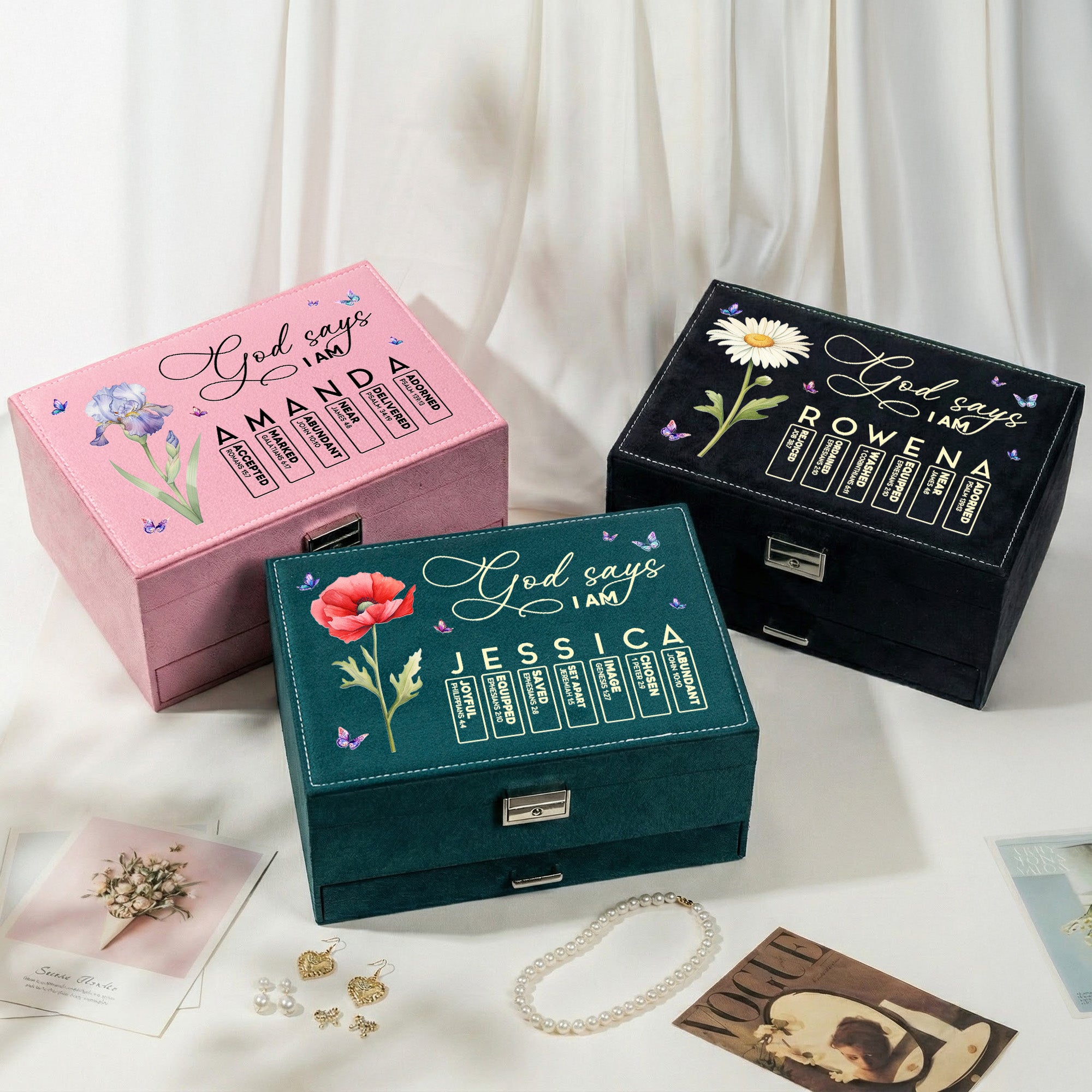 God Says I Am Name Letter In Bible Verse - Personalized Large Jewelry Box