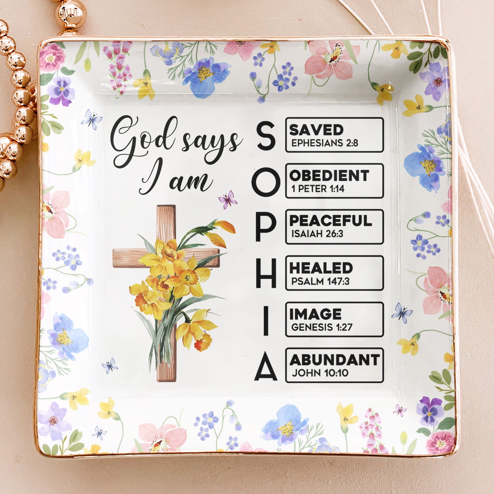 God Says I Am With Name Letter In Scripture - Personalized Jewelry Dish