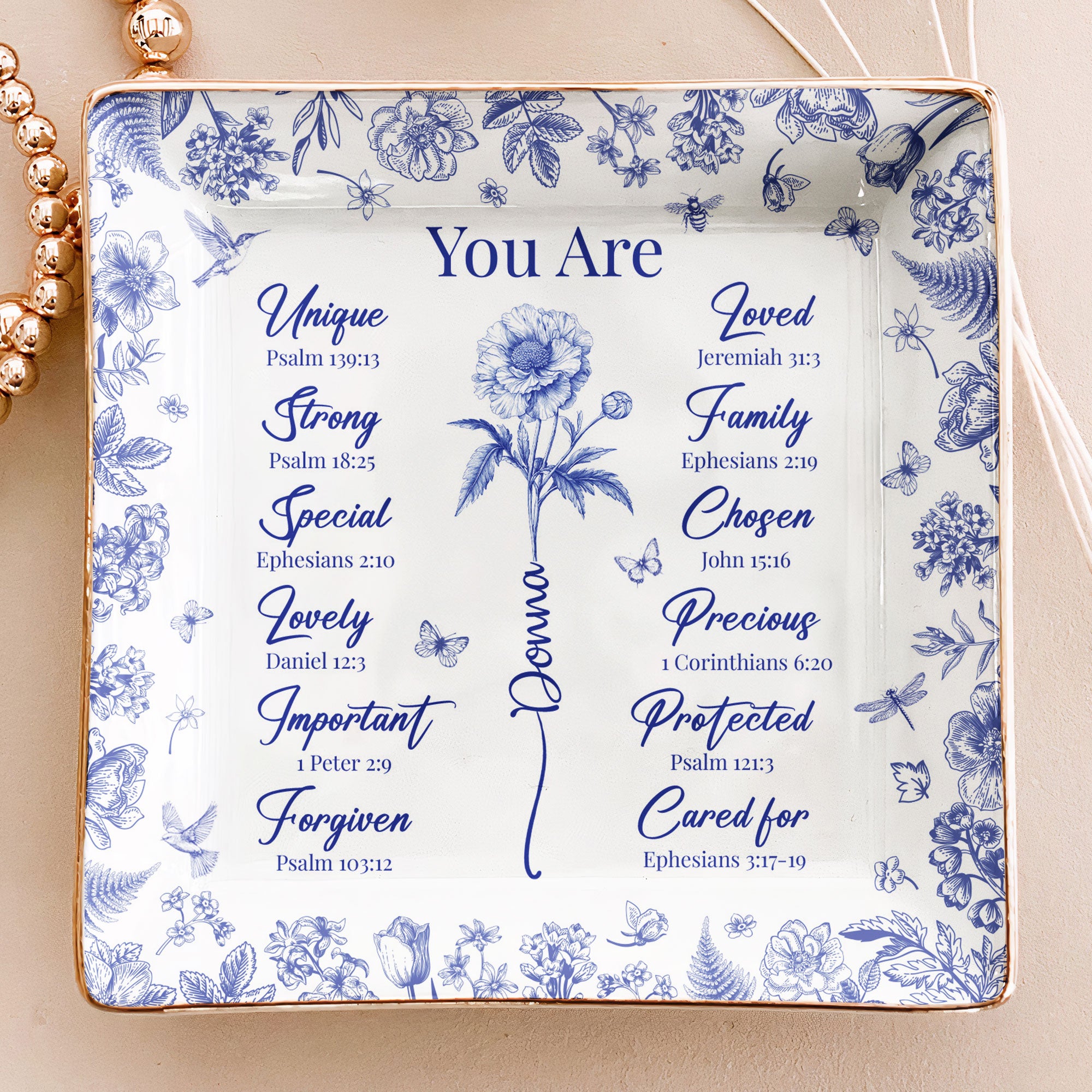 God Says You Are Christian Gift Toile De Jouy Birth Flower - Personalized Jewelry Dish