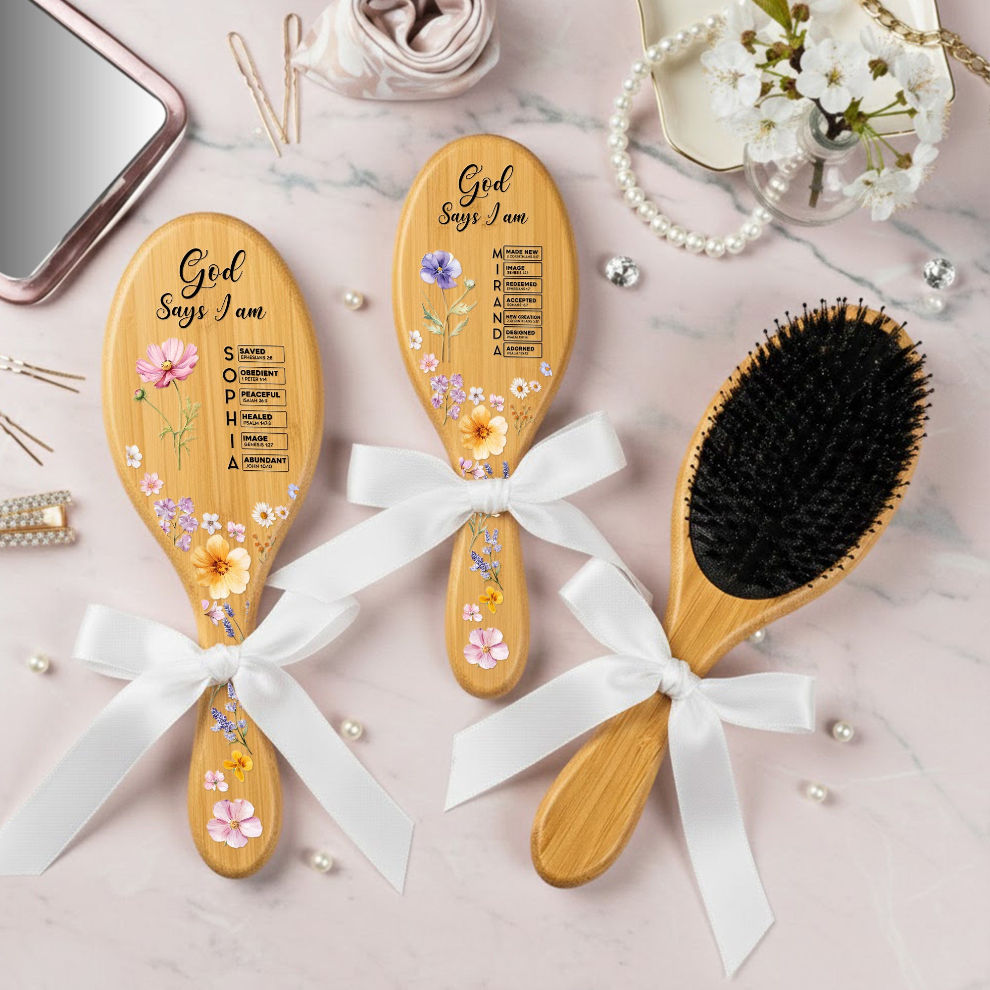 God Says You Are - Custom Birth Flower & Name With Bible Verse - Personalized Hair Brush