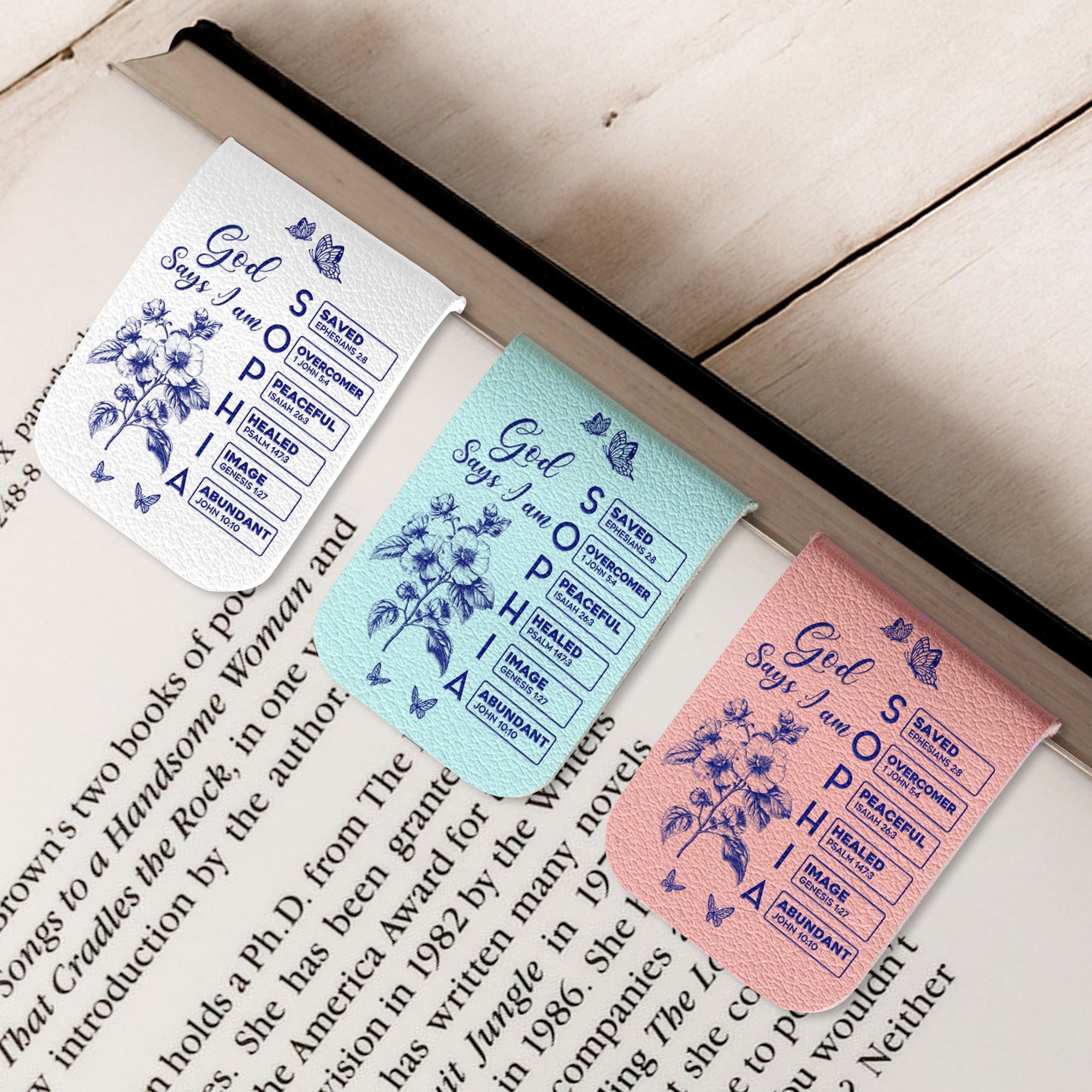 Gods Says I Am Name In Bible Toile De Jouy Style - Personalized Leather Magnetic Bookmark