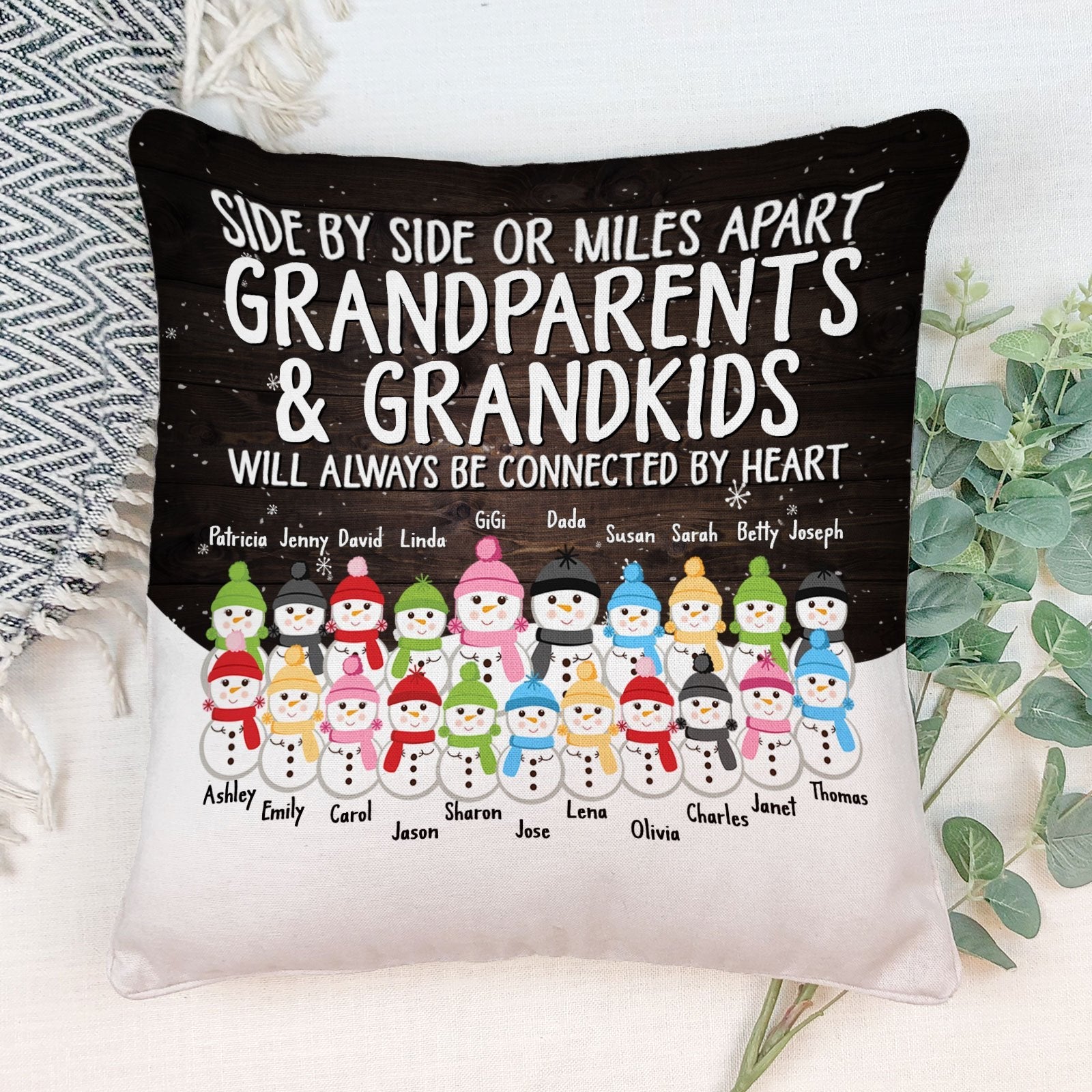 Side By Side Or Miles Apart - Personalized Pillow (Insert Included) - Christmas Gift For Grandma, Grandpa, Grandparents - Snowman Family