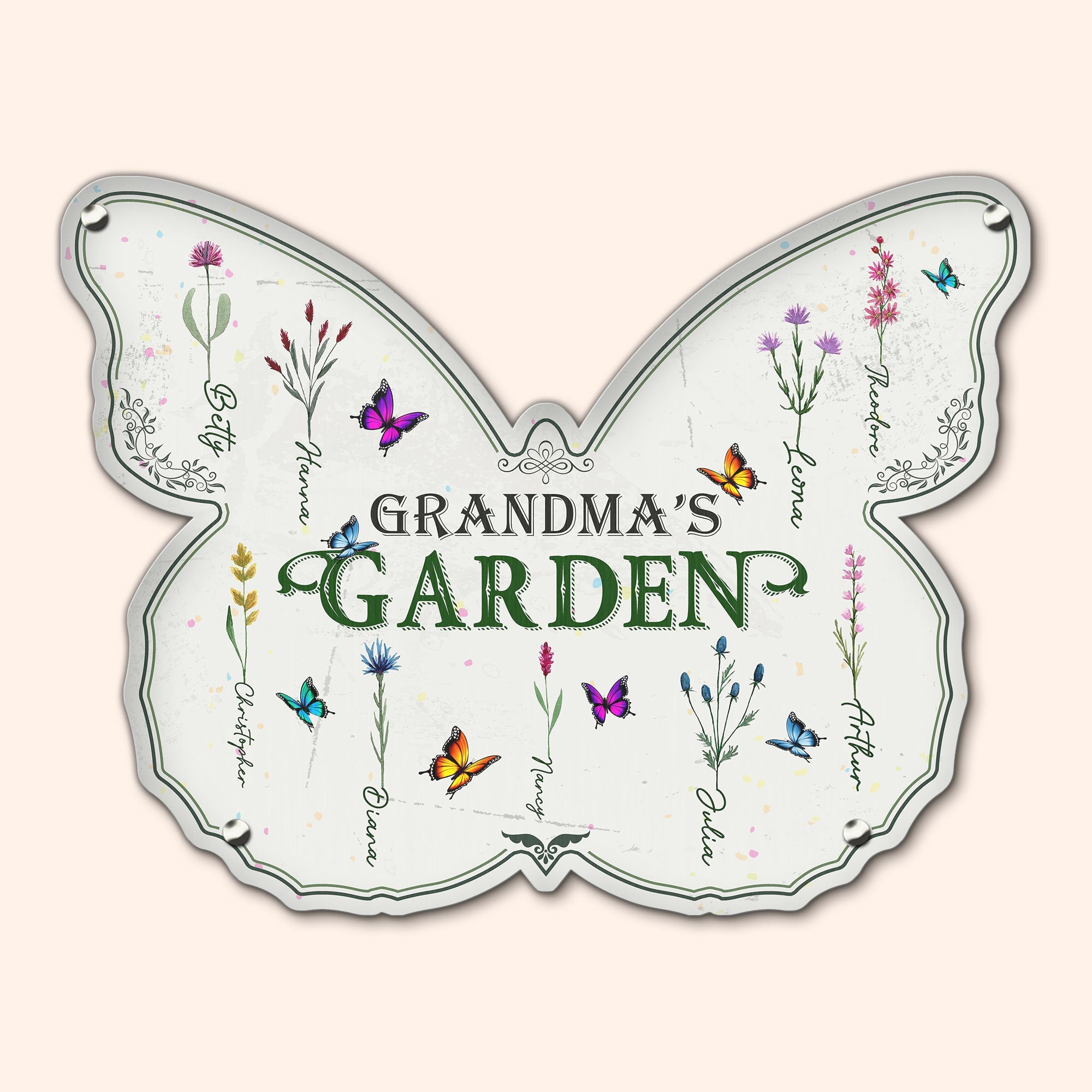 Grandma's Garden - Personalized Butterfly Shaped Metal Sign