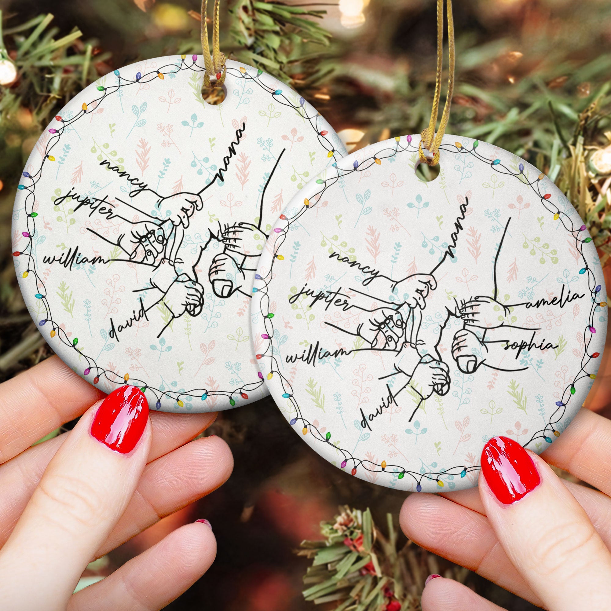 Grandma Hand Grandkids Name Christmas Light - Personalized Ceramic Ornament