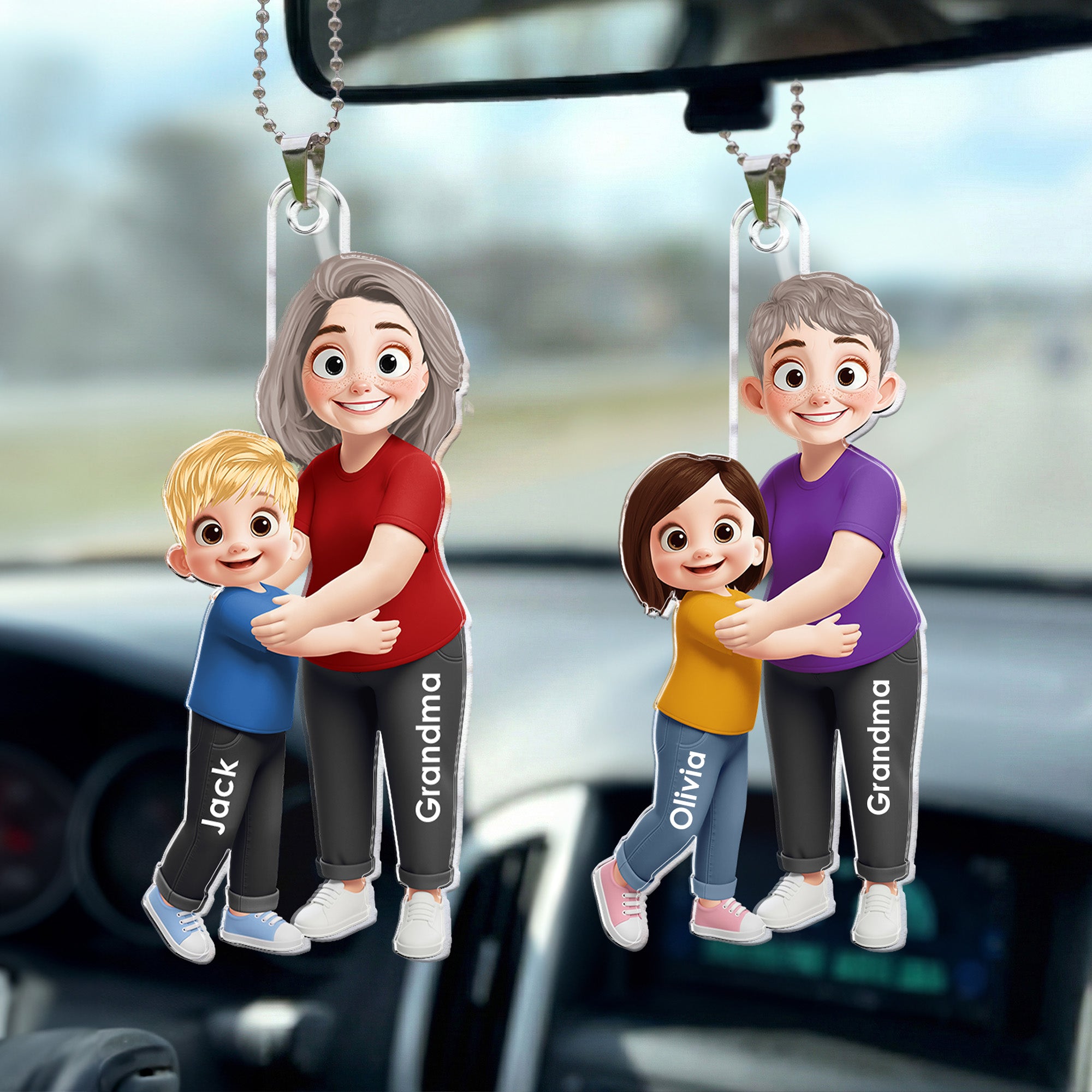 Grandma Hugging Grandkid - Personalized Rear View Mirror Accessory