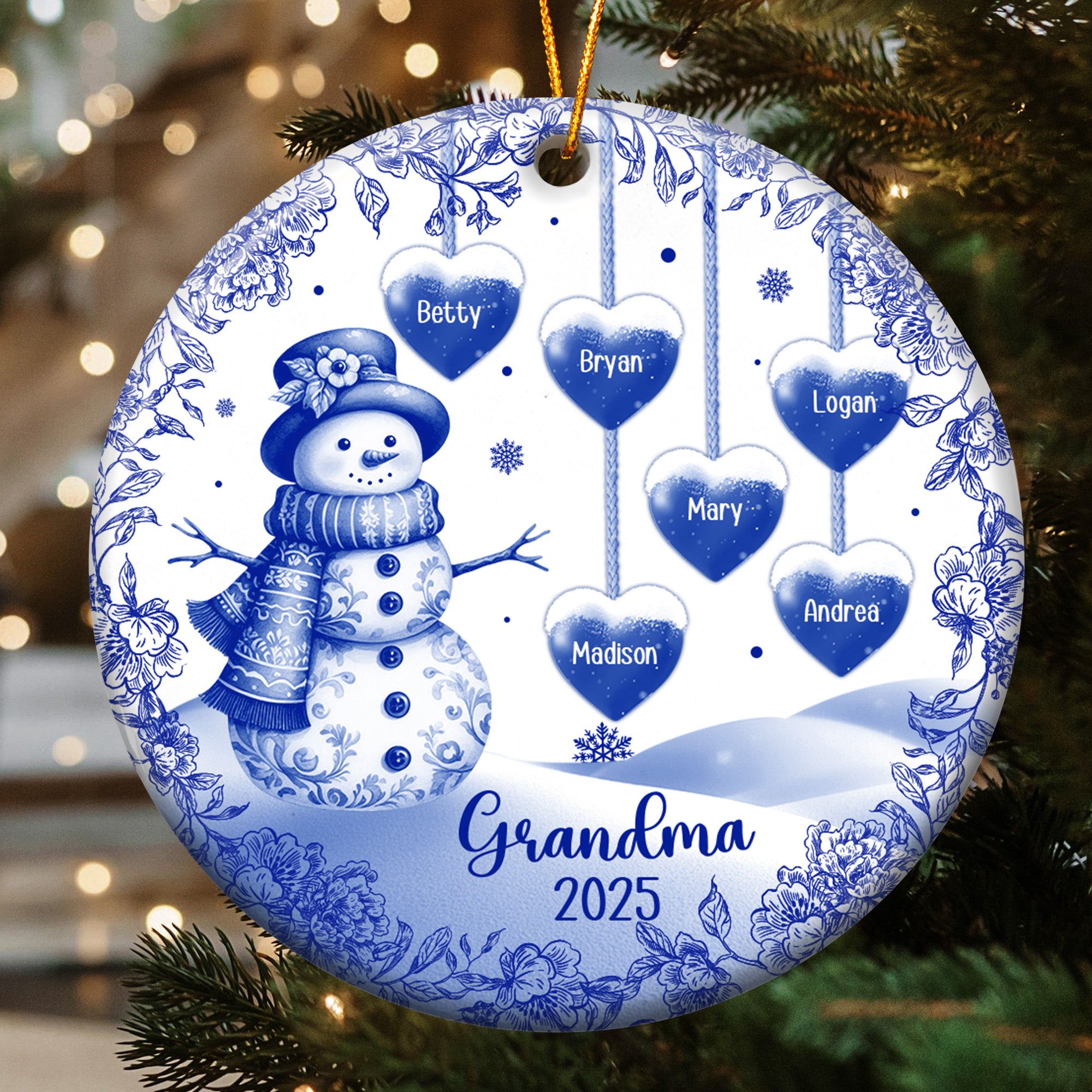 Grandma Snowman Christmas Toile De Jouy - Personalized Ceramic Ornament