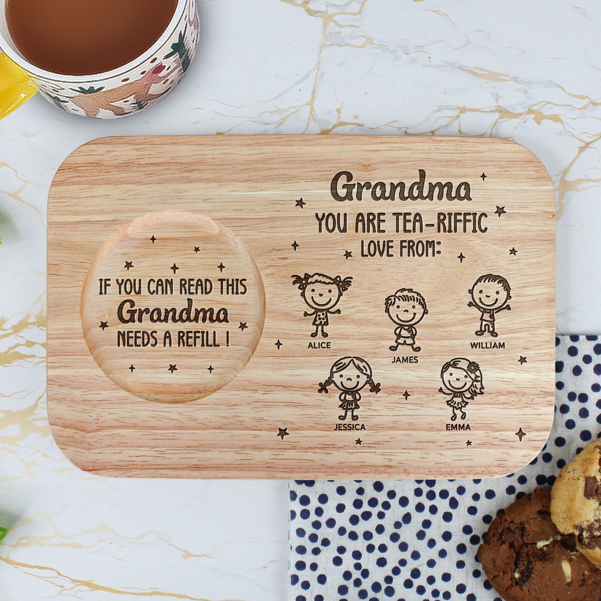 Grandma - You're Tea-Riffic - Custom Engraved Wooden Tea & Biscuit Board