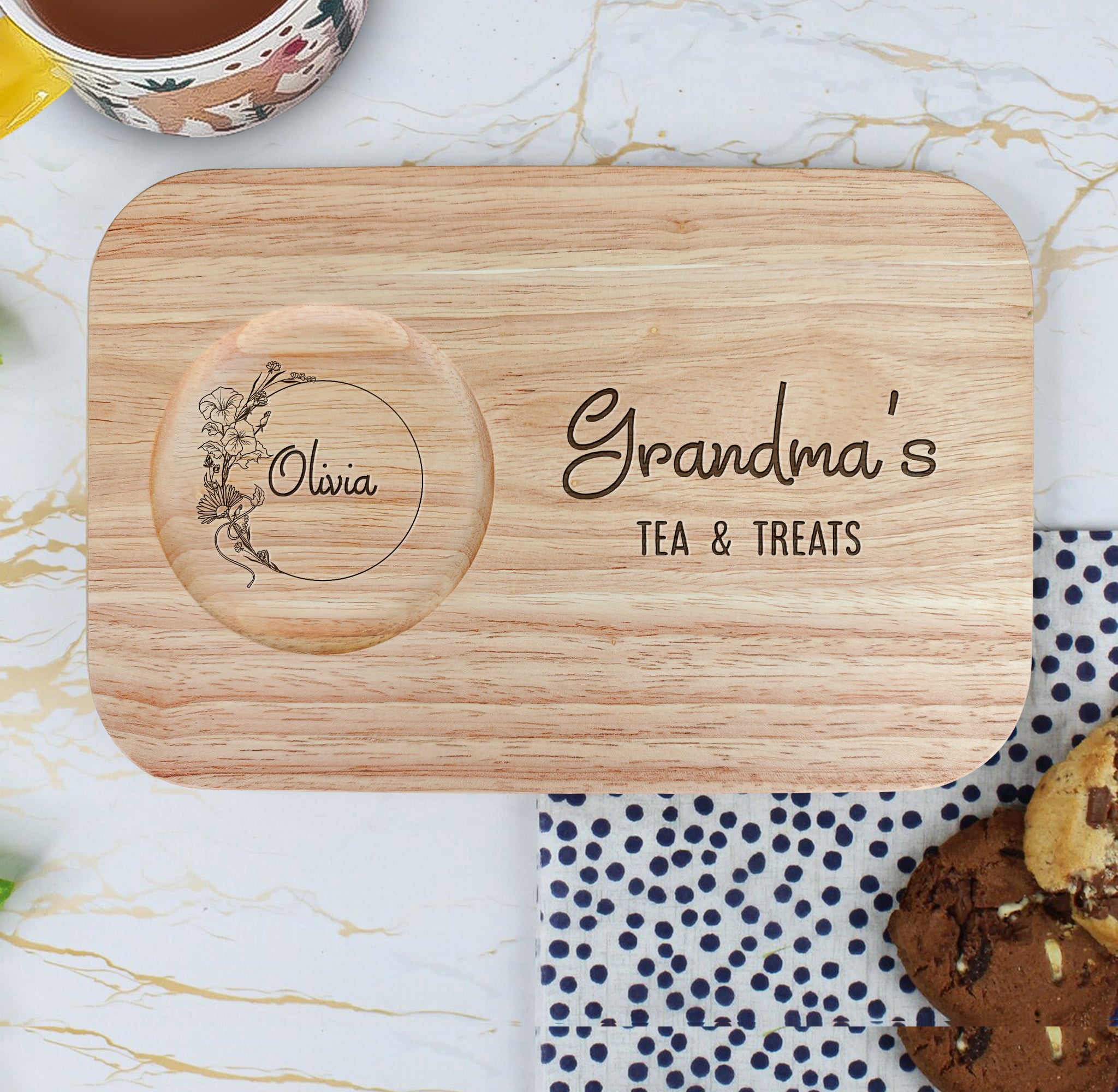 Grandma's Coffee & Treats - Custom Engraved Wooden Tea & Biscuit Board