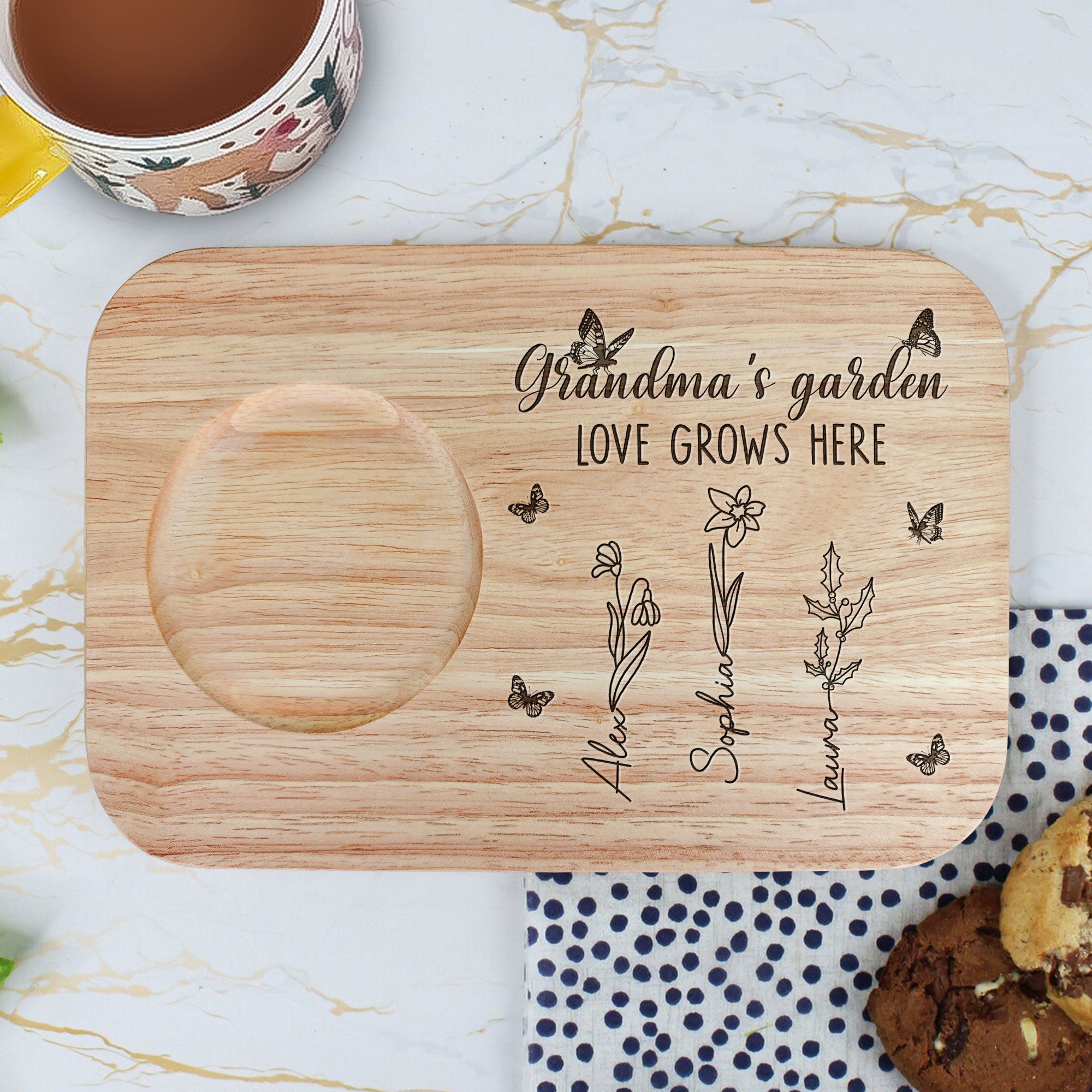 Grandma's Garden - Custom Engraved Wooden Tea & Biscuit Board