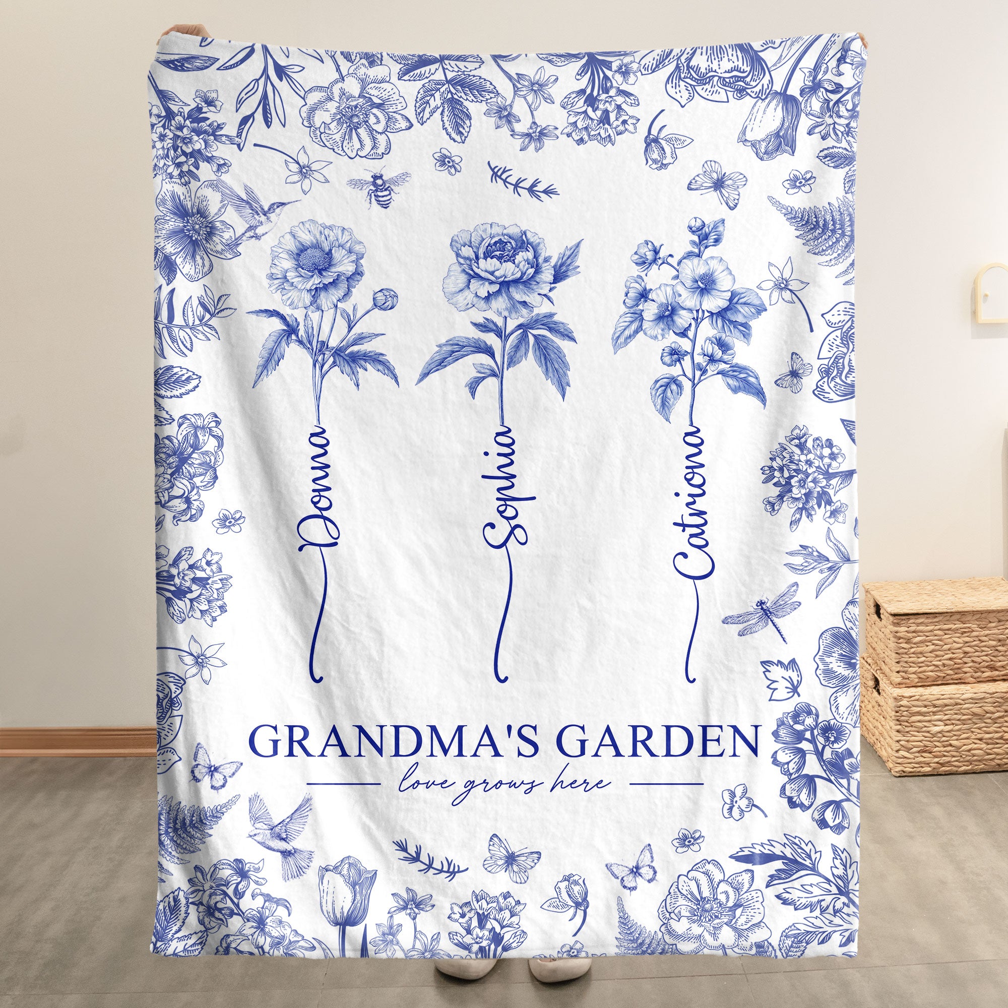 Grandma's Garden - Custom Kids Birth Flower Toile De Jouy - Personalized Blanket