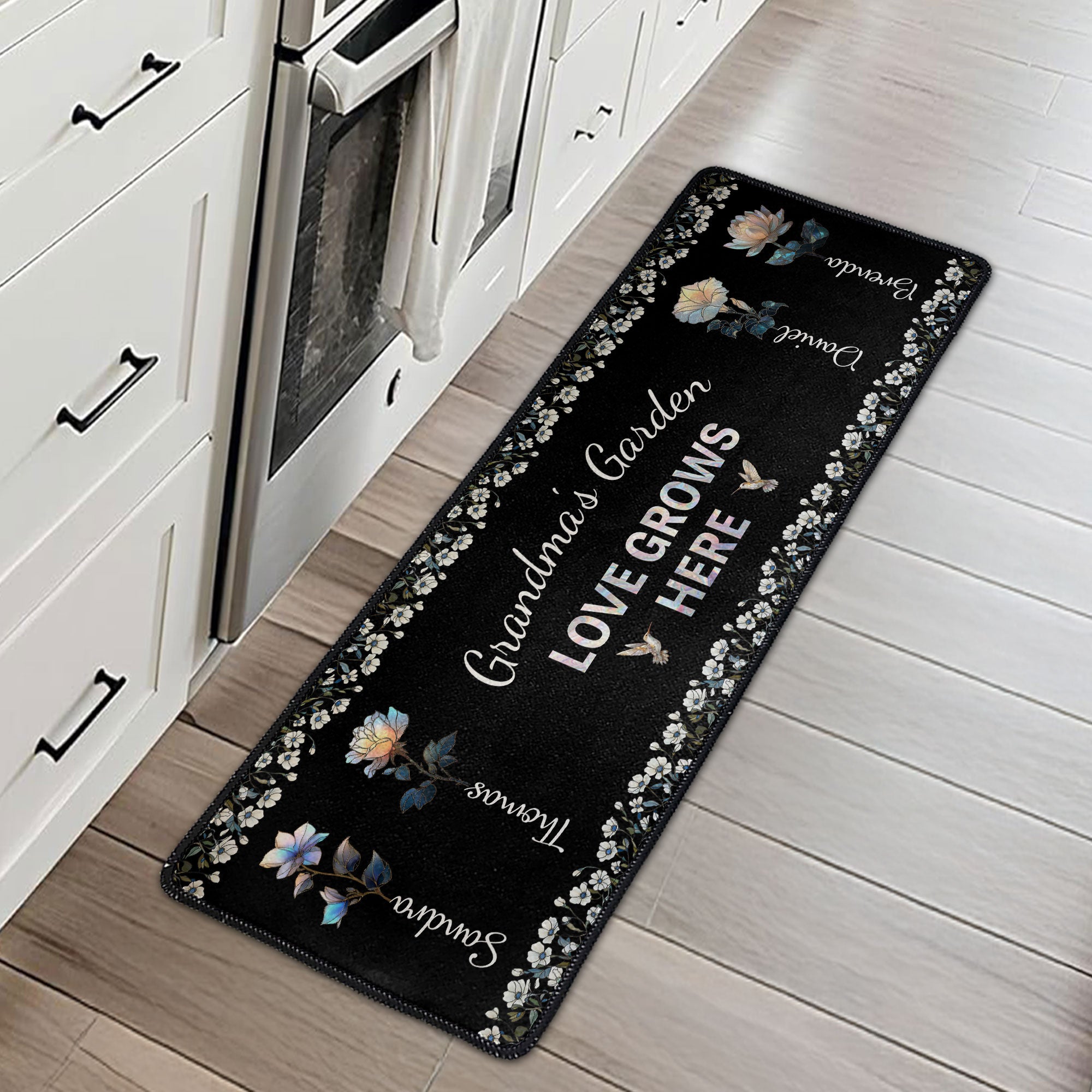 Grandma's Garden Love Grows Here Birth Flower Stained Glass - Personalized Runner Rug
