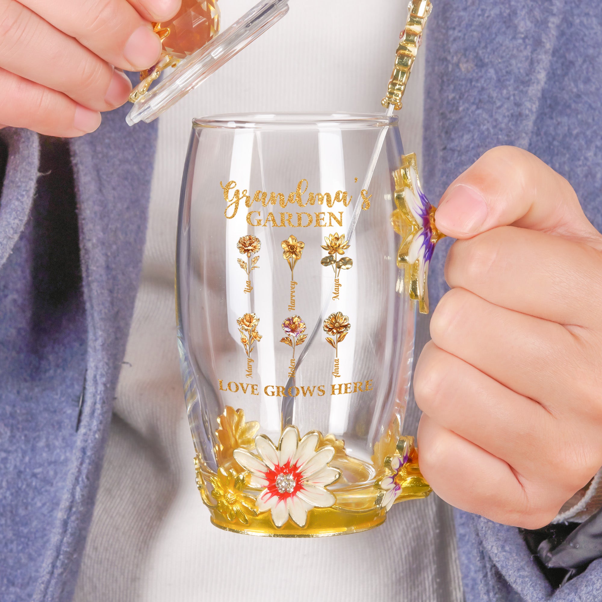 Grandma's Garden Love Grows Here Golden Birth Month Flower - Personalized Glass Cup