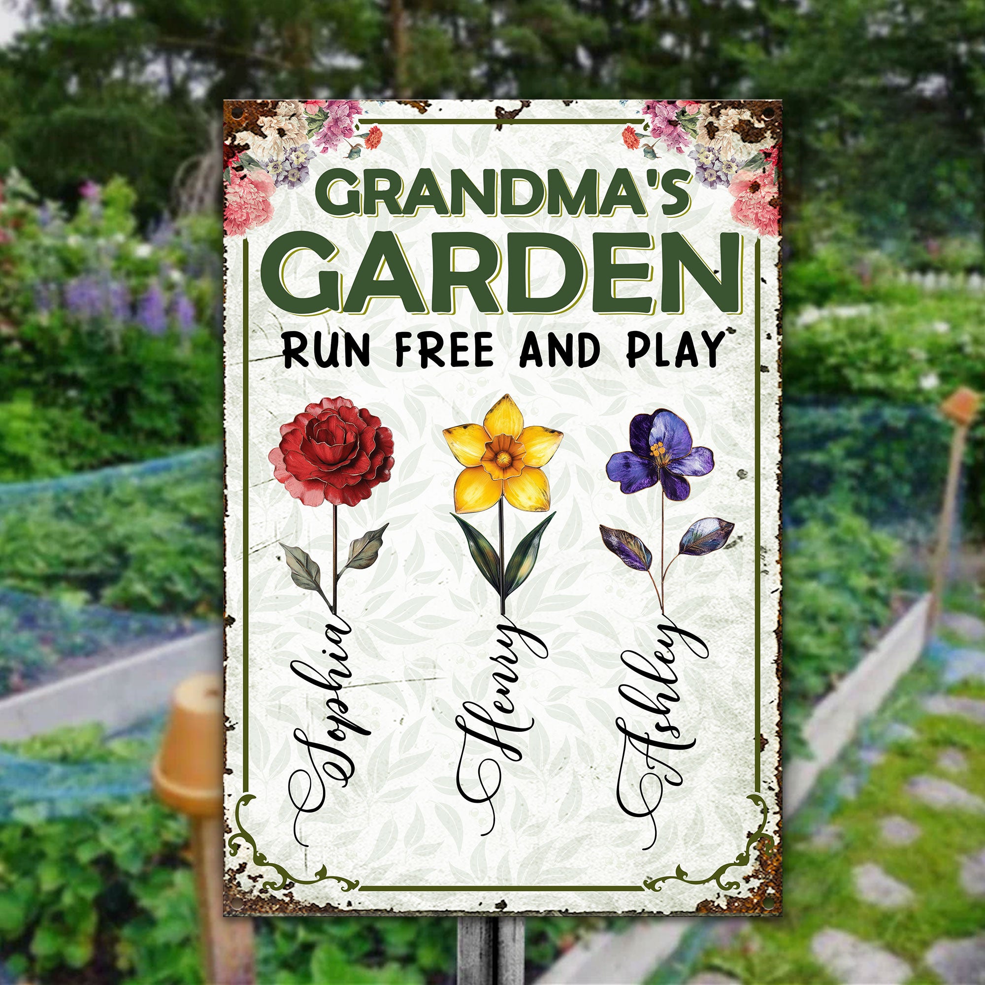 Grandma's Garden Run Free And Play - Personalized Metal Sign