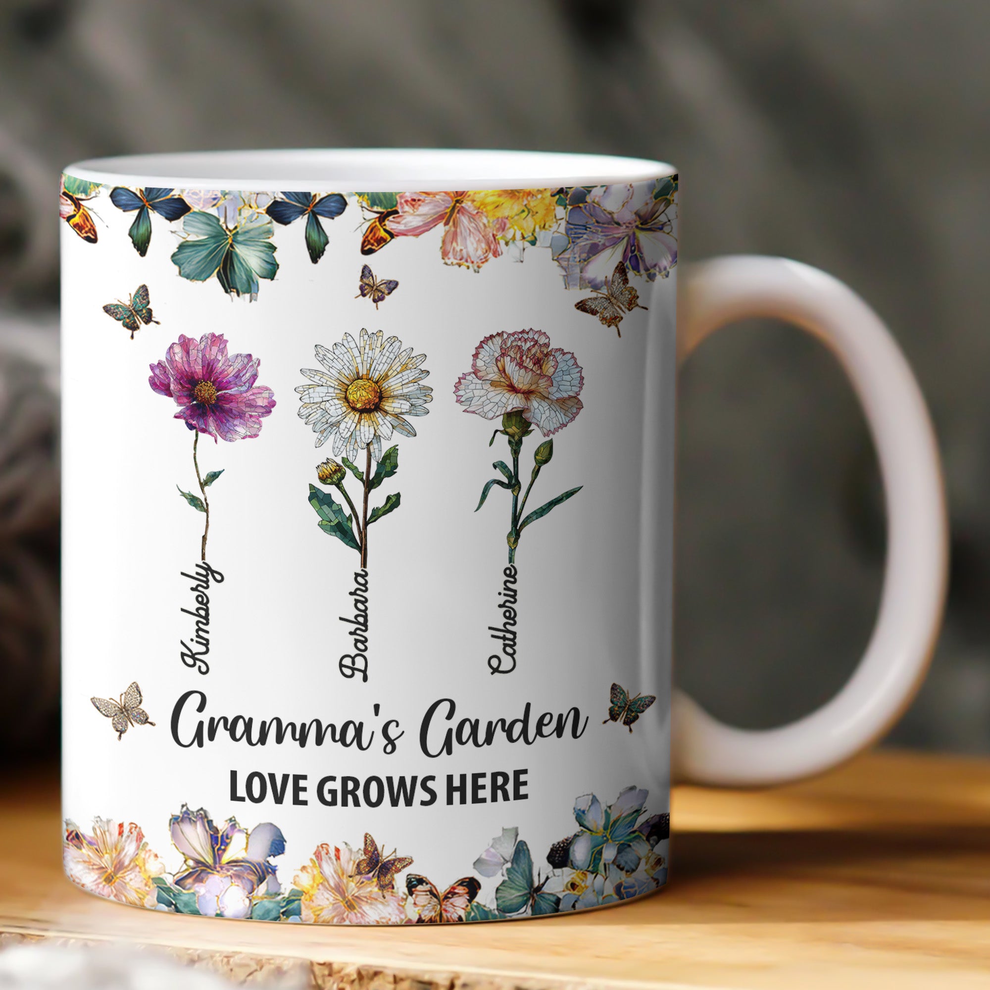 Grandma's Garden Love Grows Here Mosaic Birth Flower - Personalized Mug