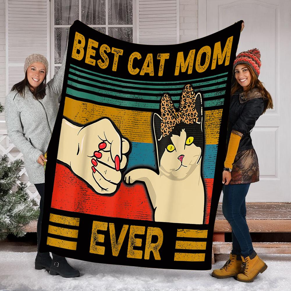 Custom Blanket Vintage Best Cat Mom Ever Fist Bump Blanket - Fleece Blanket-A Loves Gift
