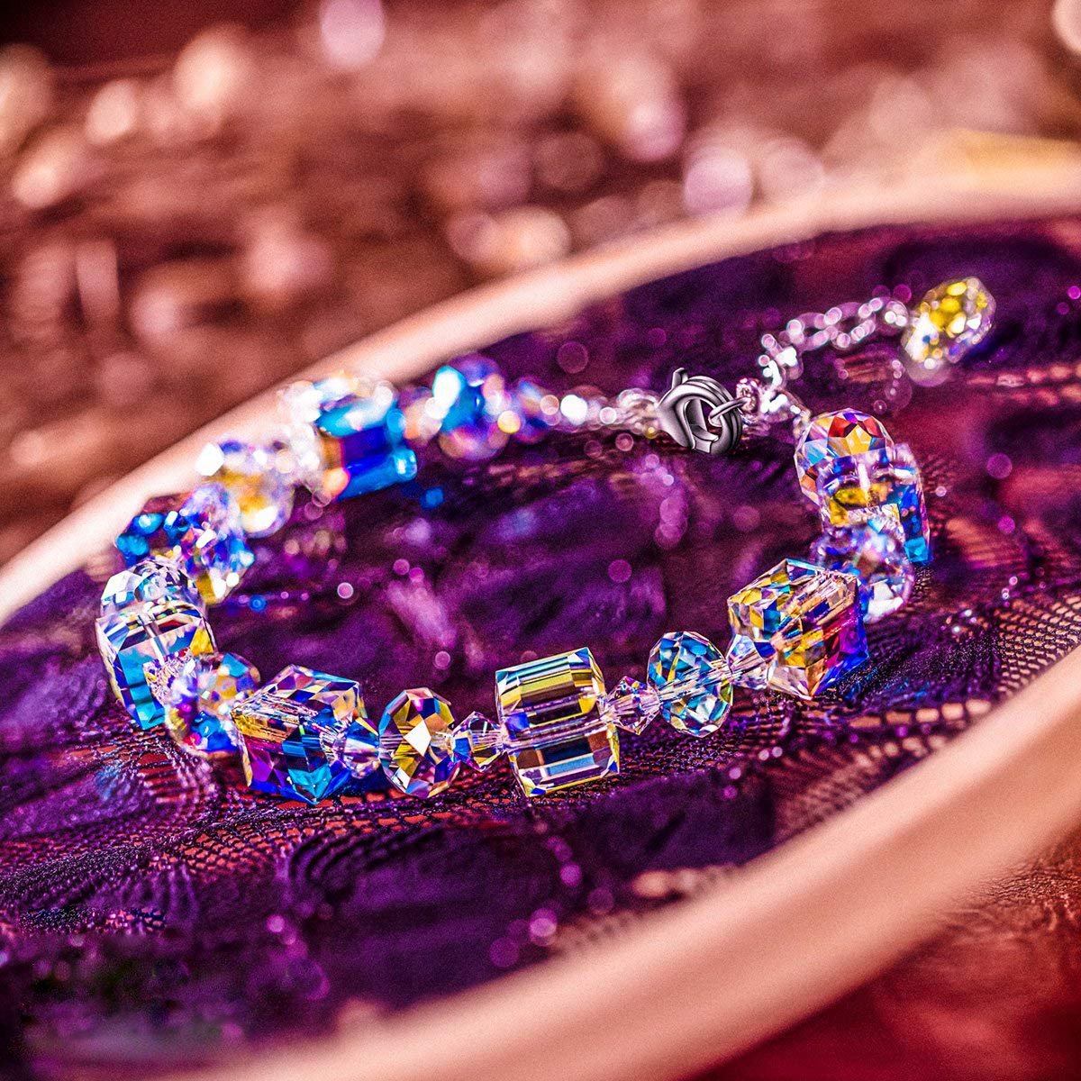 Aurora Borealis Geometric Shaped Bracelet in Silvertone Tone , Bracelet, Riakoob Jewelry, Riakoob Jewelry  jewelryjewelry deals, swarovski crystal jewelry, groupon jewelry,, jewelry for mom,