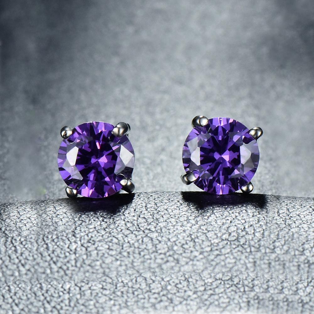 Amethyst Created Luxe Crystal 6mm Stud Earring 14K White Gold Plated - 1.00 CT - Riakoob