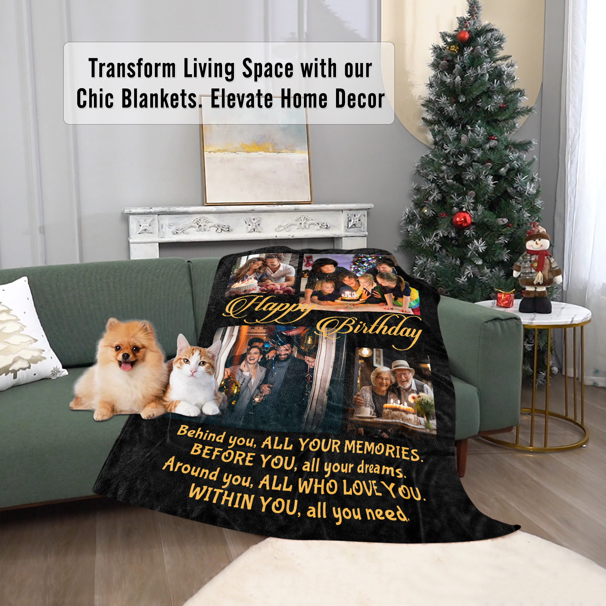 HAINON Happy Birthday Gifts, Customized Birthday Picture Blanket, Personalized Throw with 4 Photos, Cozy, Heartwarming Memories, Ideal Keepsake Gift for Loved Ones
