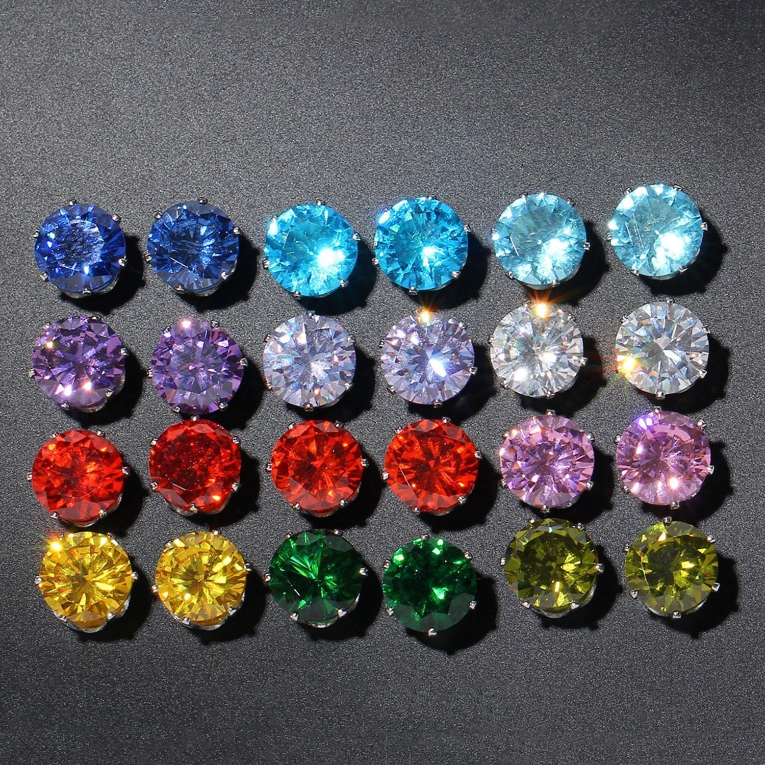 12 Piece Stud Earring Set With Gemstone  Crystals  Silvertone Earring