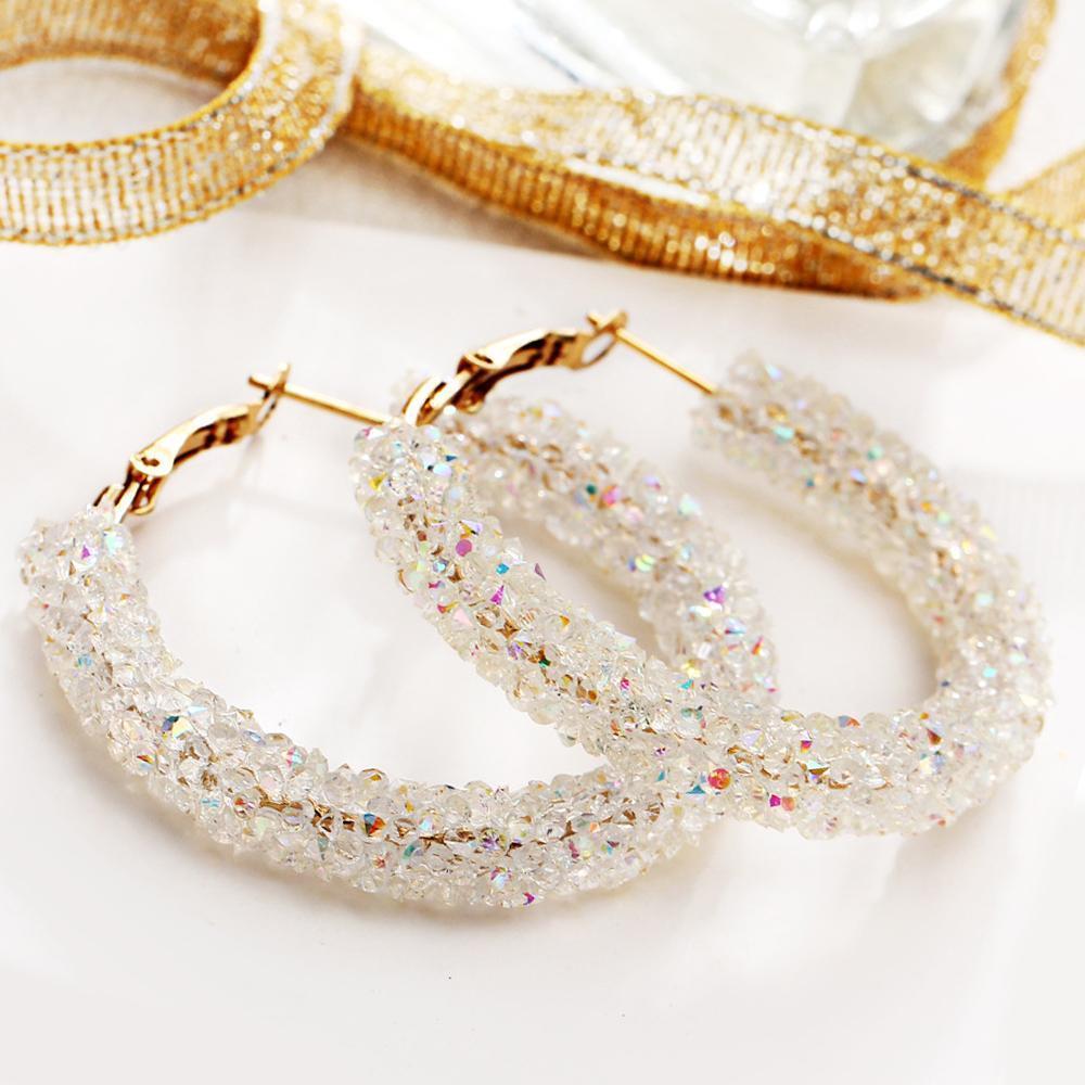 Crystaldust Hoop Earring With Gemstone  Crystals - White  Goldtone Earring