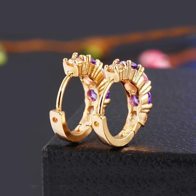 Amethyst Multistone Huggie Earring With Gemstone  Crystals Goldtone Earring