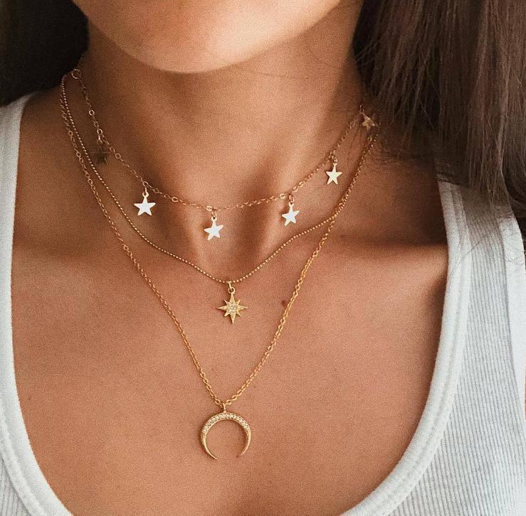 3 Piece Celestial Drop Necklace With Gemstone  Crystals Goldtone Necklace