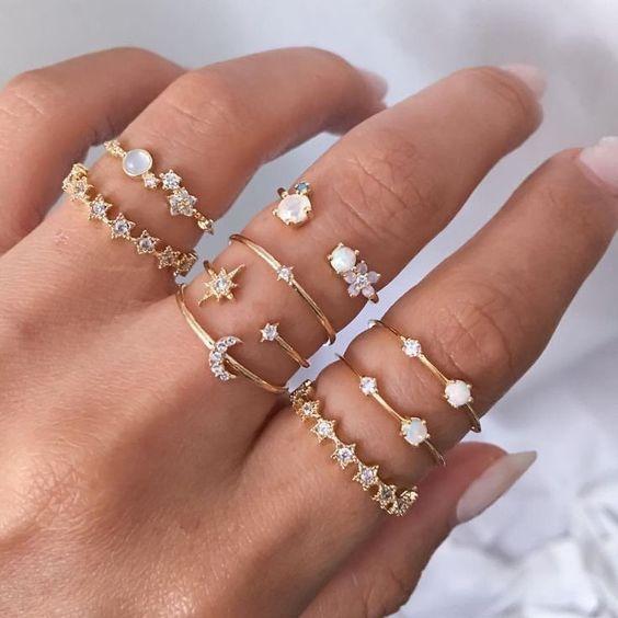 9 Piece Celestial Ring Set With Gemstone  Crystals Goldtone Ring Set