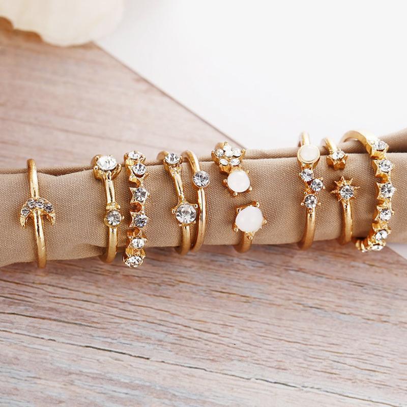 9 Piece Celestial Ring Set With Gemstone  Crystals Goldtone Ring Set