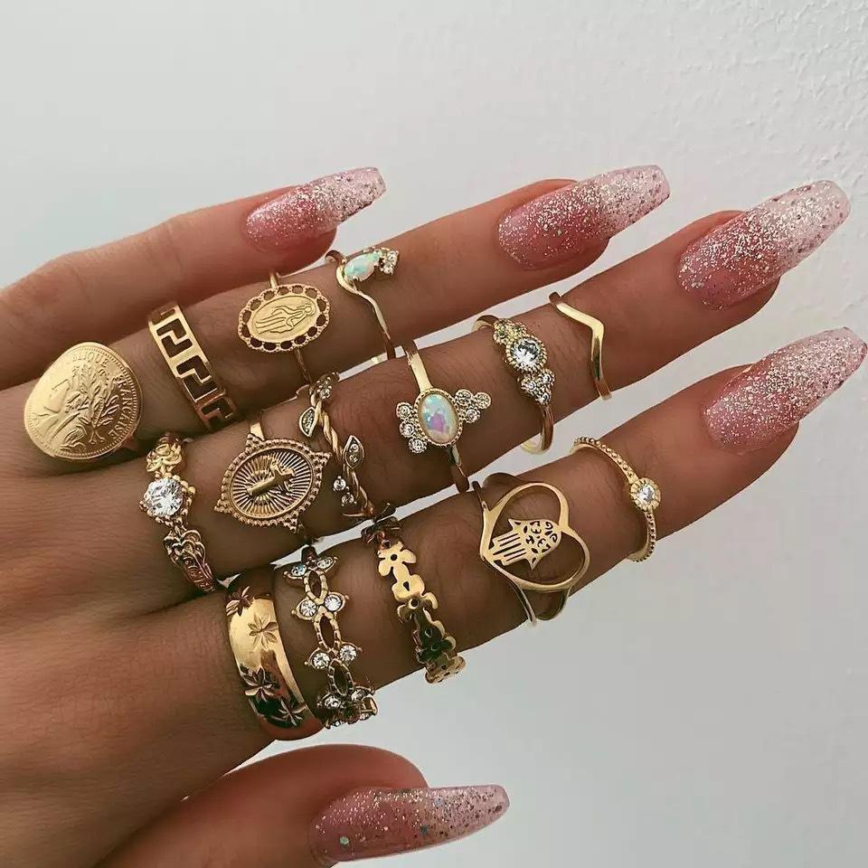 15 Piece Assorted Ring Set With Gemstone  Crystals Goldtone Ring